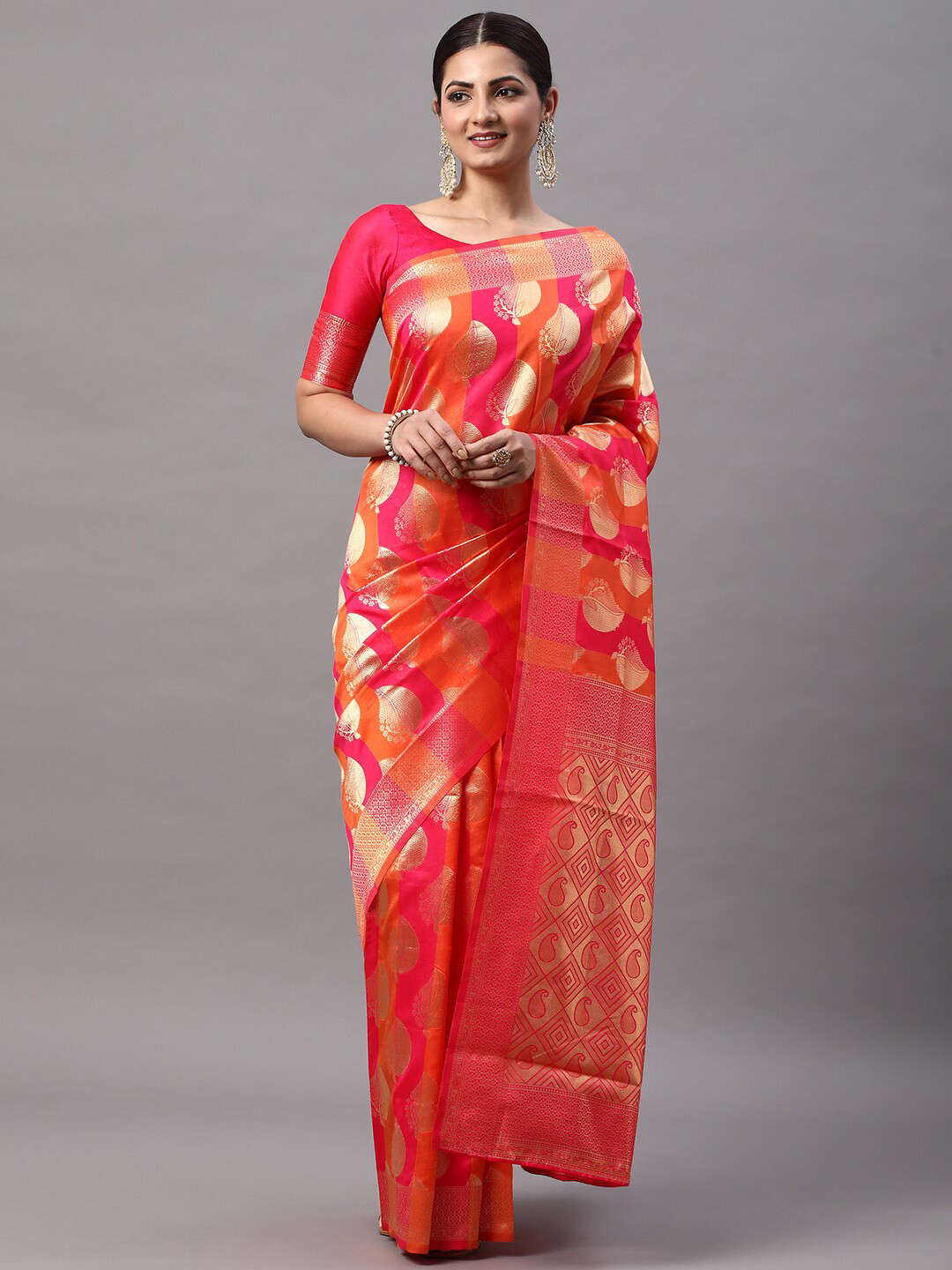 

Mitera Pink & Orange Woven Design Zari Silk Blend Kanjeevaram Saree