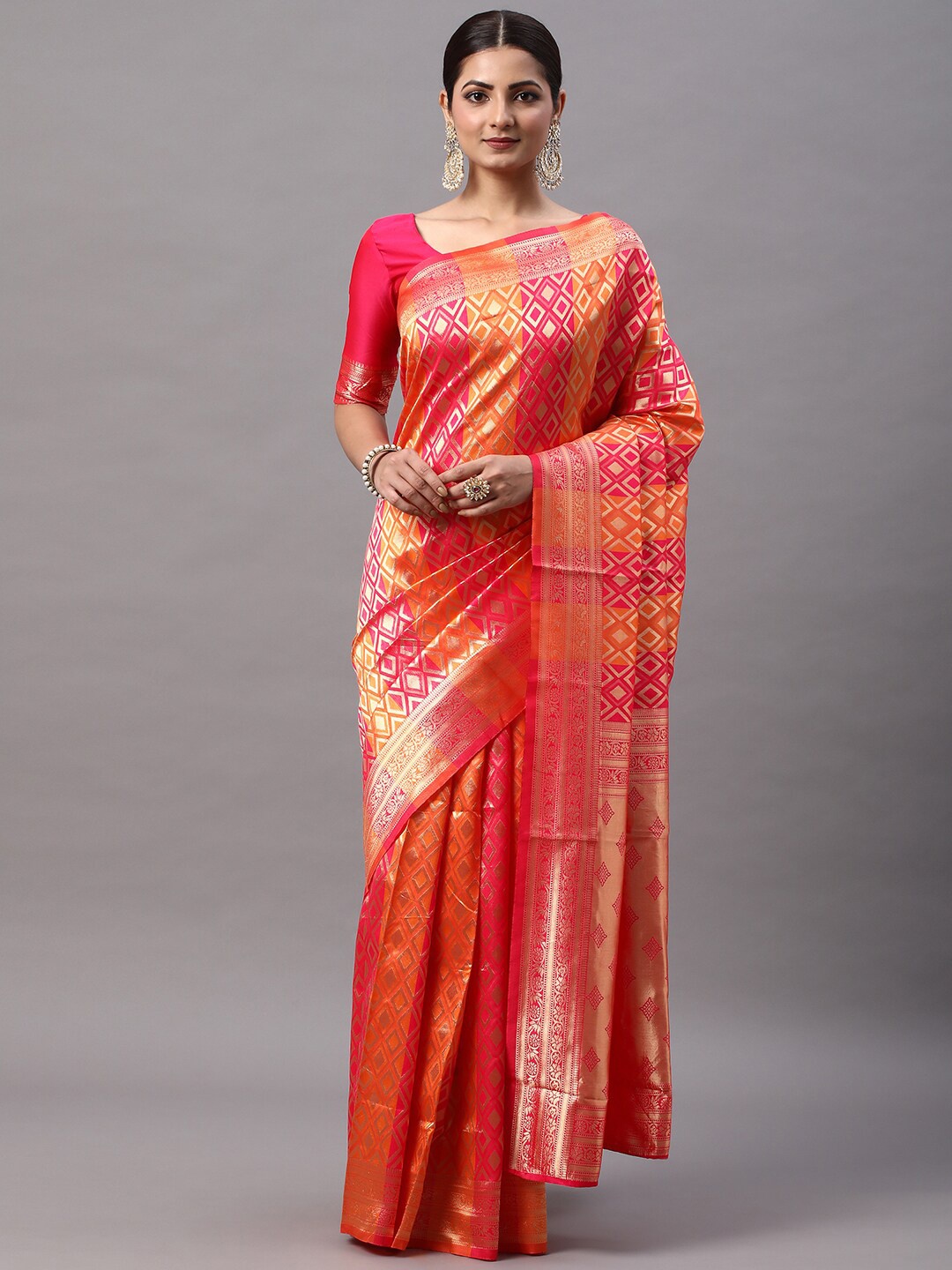 

Mitera Ethnic Motifs Woven Design Zari Silk Blend Kanjeevaram Saree, Pink