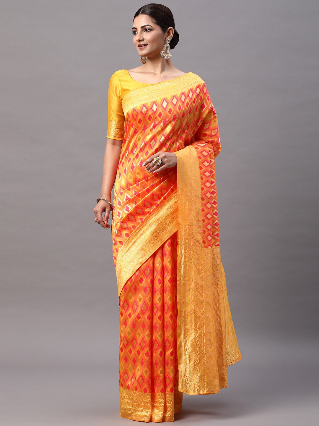 

Mitera Yellow & Orange Woven Design Zari Silk Blend Kanjeevaram Saree