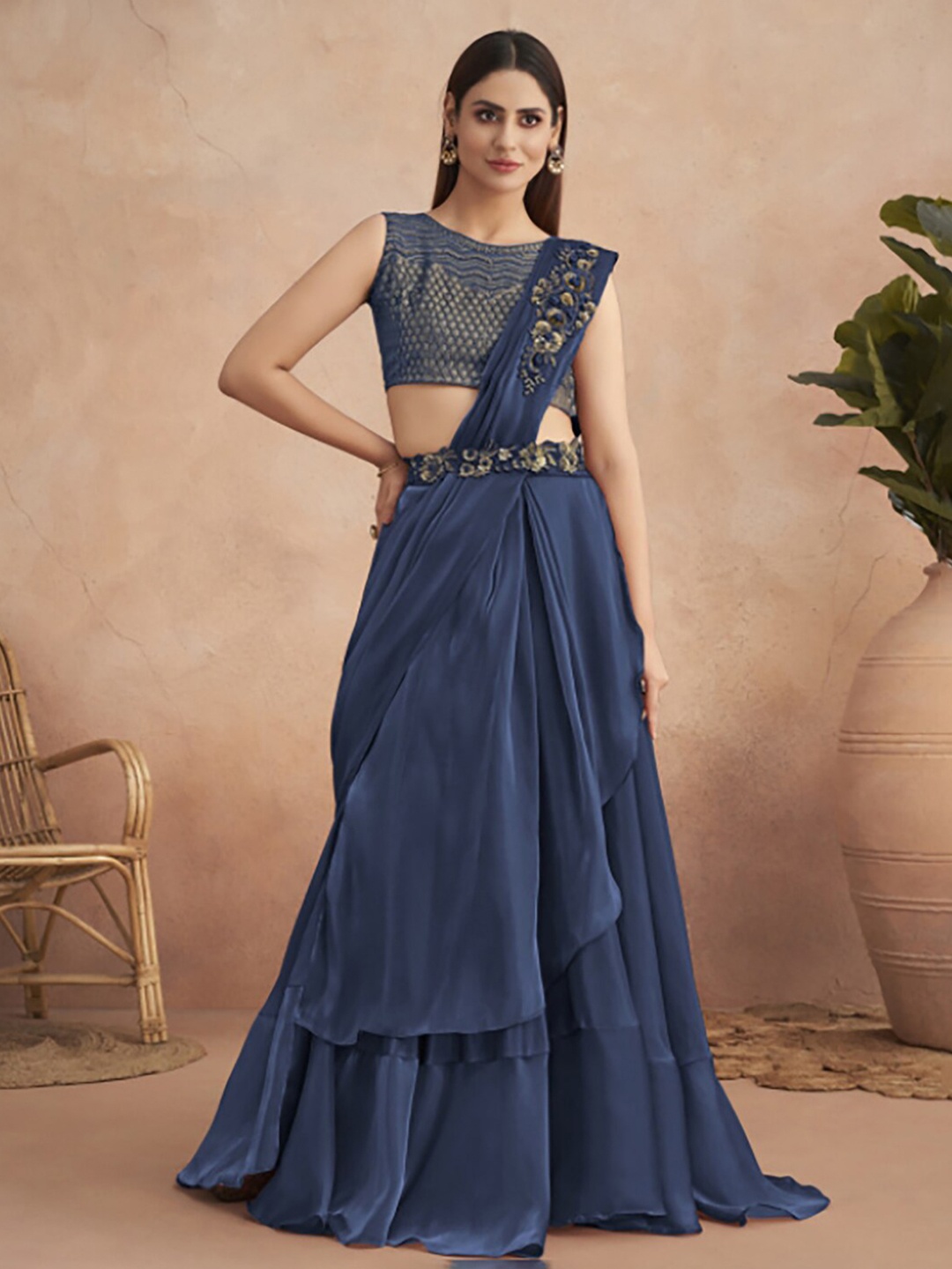 

Mitera Floral Embroidered Sequined Satin Celebrity Saree, Navy blue