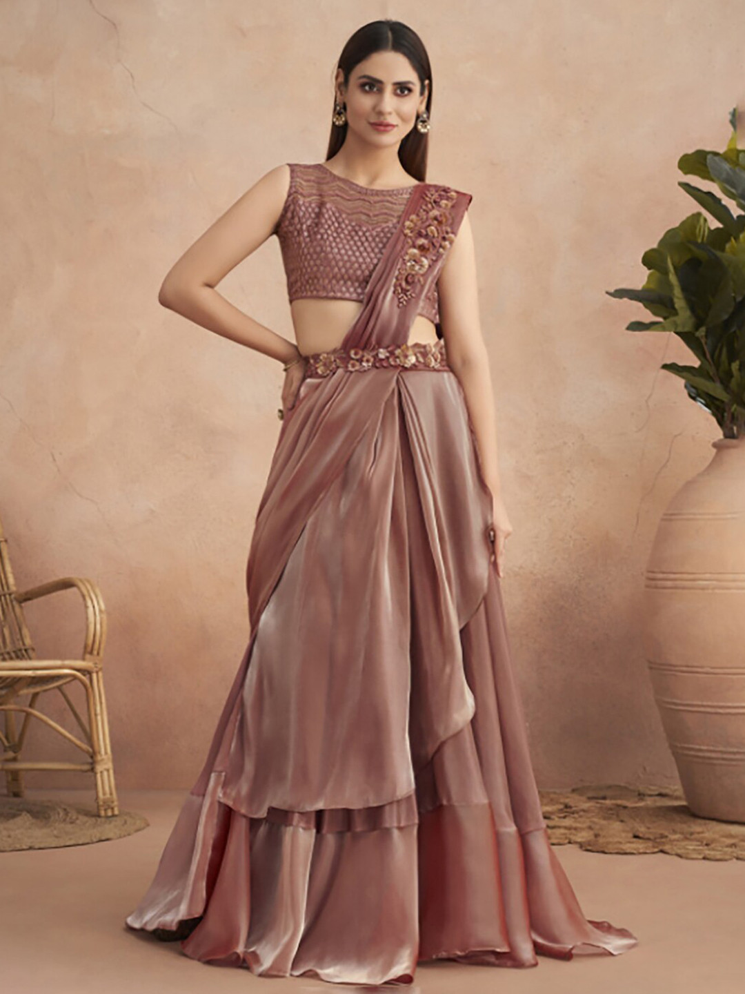

Mitera Brown Floral Embroidered Saree