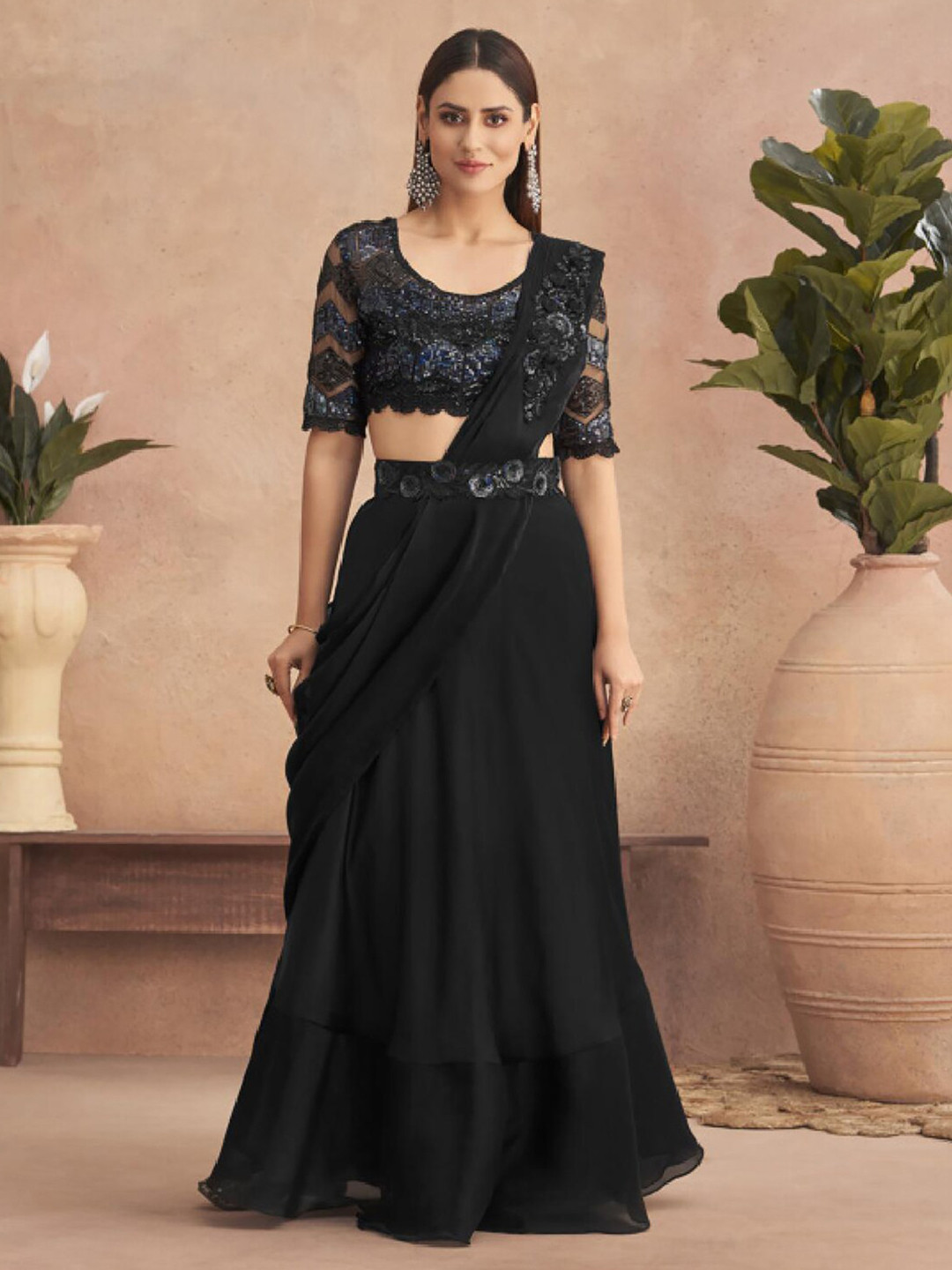 

Mitera Black Floral Embroidered Saree