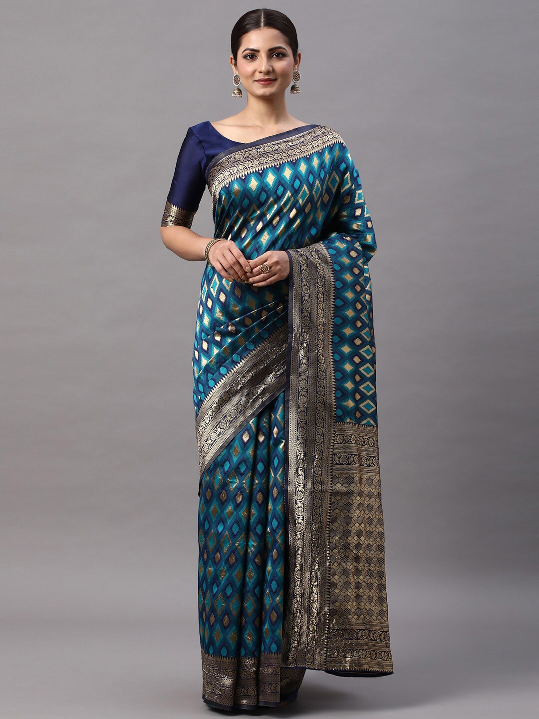 

Mitera Geometric Woven Design Zari Kanjeevaram Saree, Blue