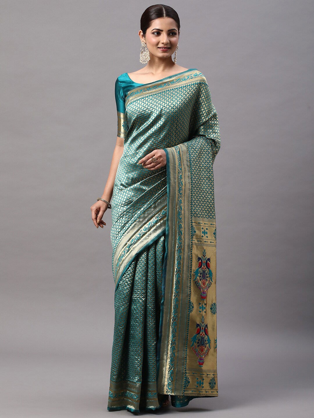 

Mitera Ethnic Motifs Woven Design Zari Kanjeevaram Saree, Teal