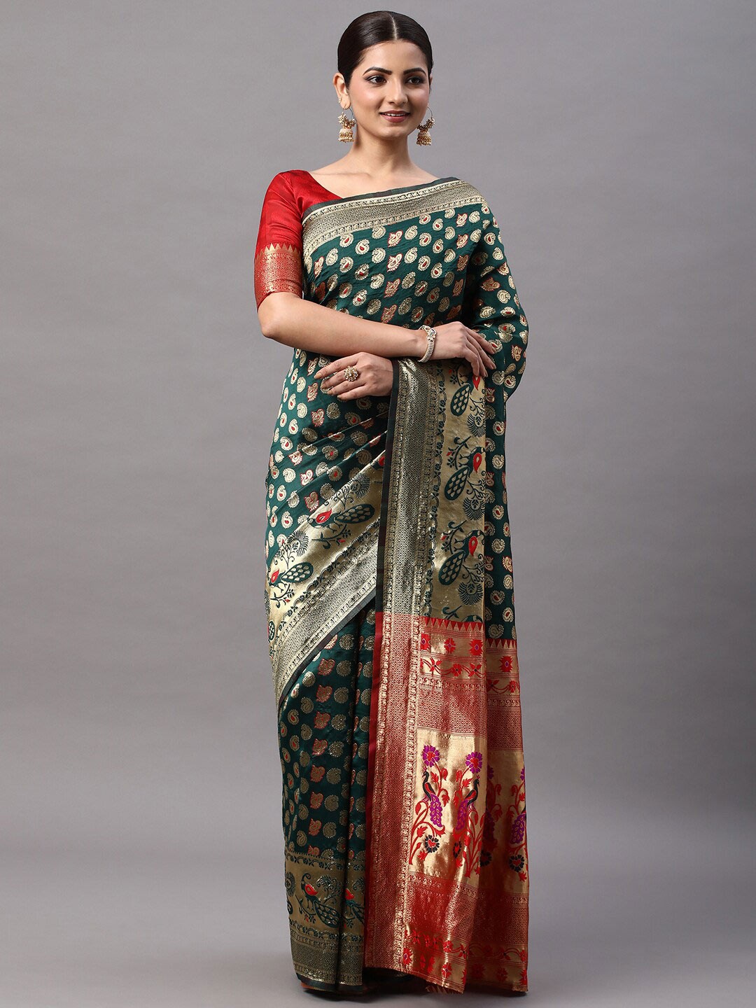 

Mitera Green & Red Woven Design Zari Silk Blend Kanjeevaram Saree