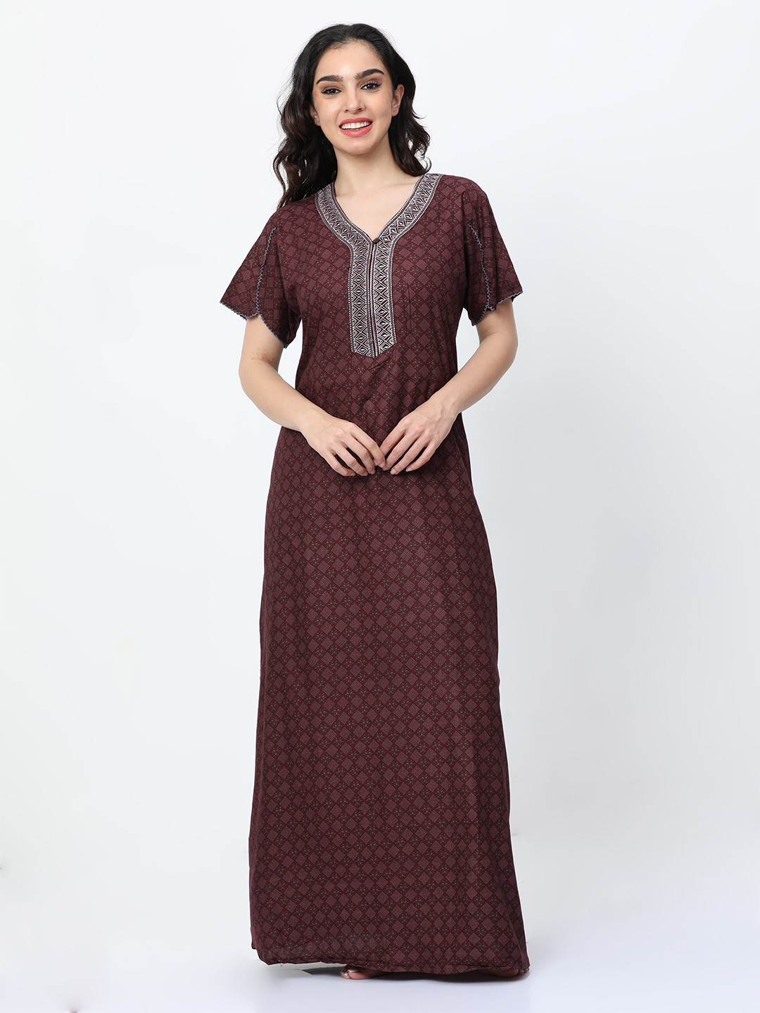 

9shines Label Floral Printed Maxi Nightdress, Maroon