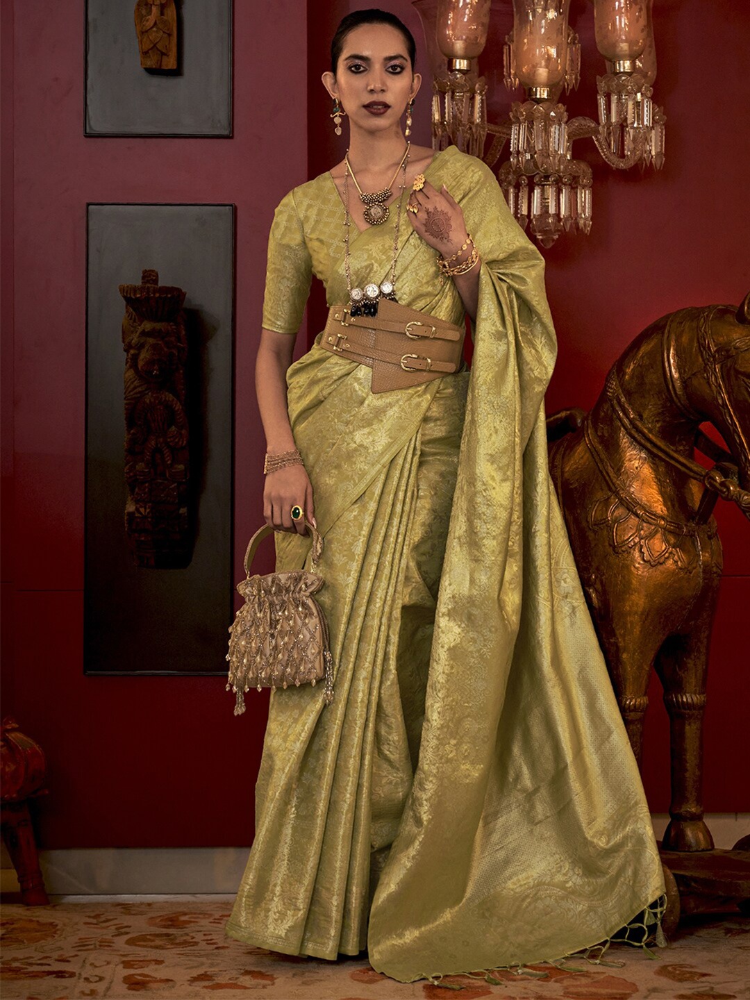 

Mitera Green & Gold-Toned Ethnic Motifs Woven Design Zari Banarasi Saree