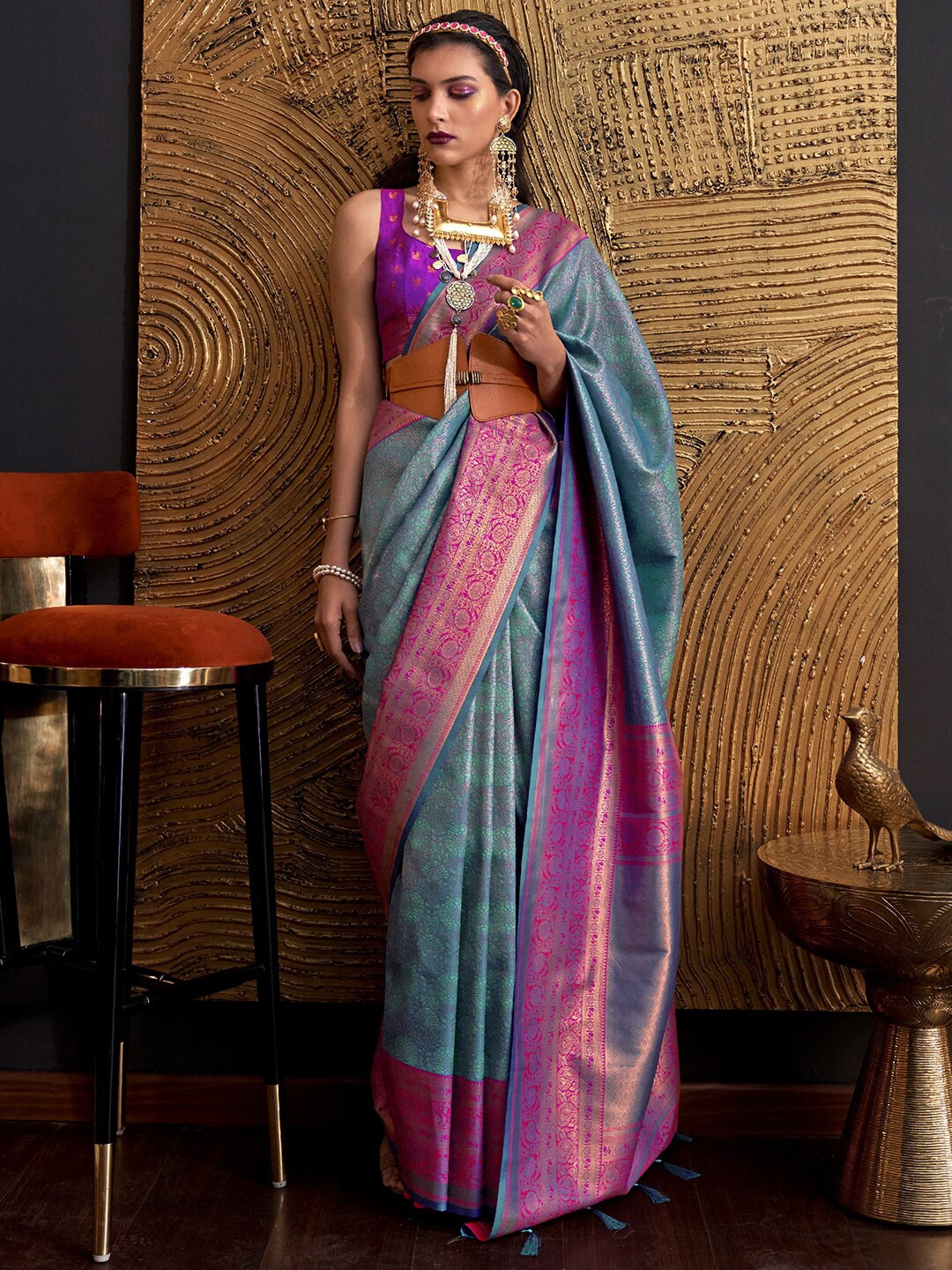 

Mitera Blue & Purple Ethnic Motifs Woven Design Zari Banarasi Saree