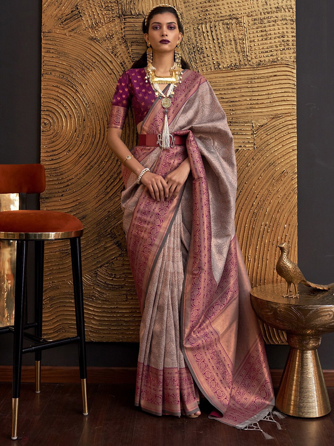 

Mitera Grey & Purple Ethnic Motifs Woven Design Zari Banarasi Saree