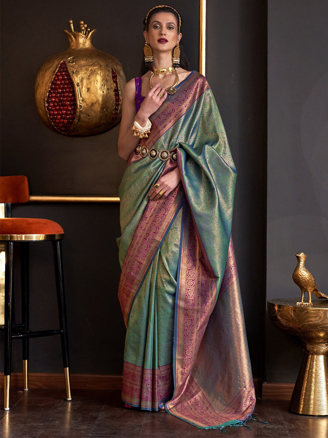 

Mitera Ethnic Motifs Woven Design Zari Silk Blend Banarasi Saree, Teal
