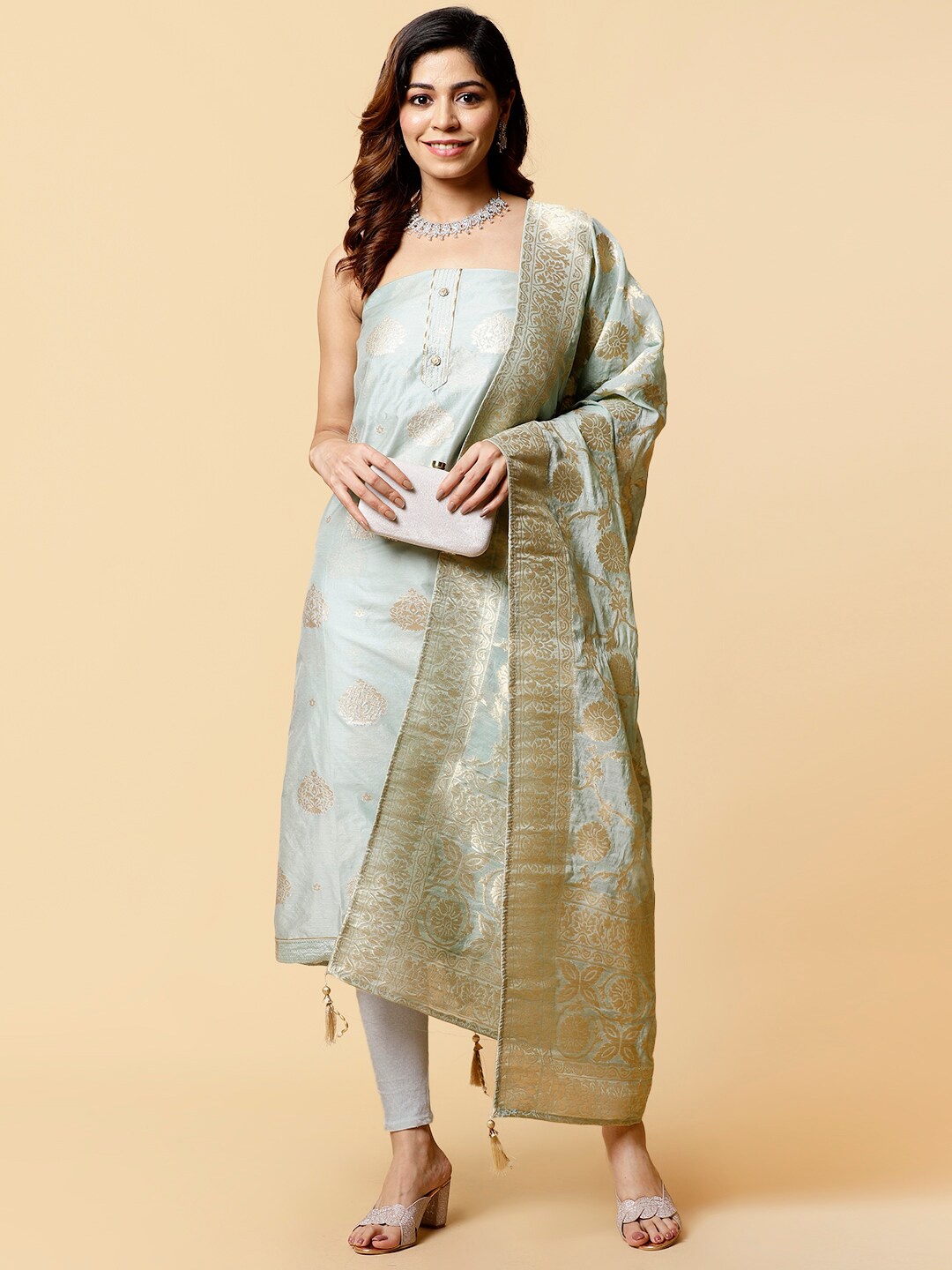 

Meena Bazaar Ethnic Motifs Woven Design Unstitched Dress Material, Sea green
