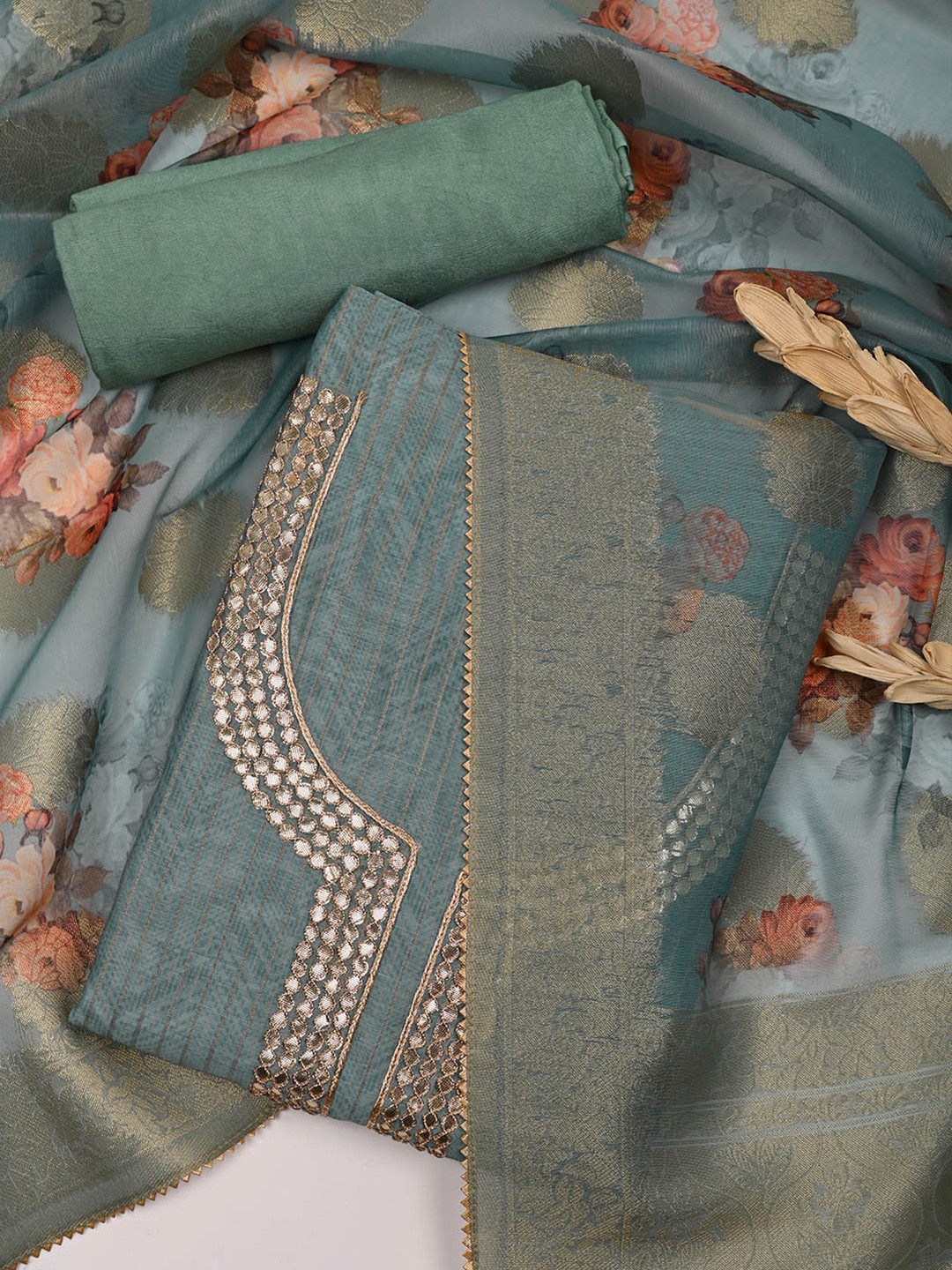 

Meena Bazaar Striped Woven design Unstitched Dress Material, Sea green