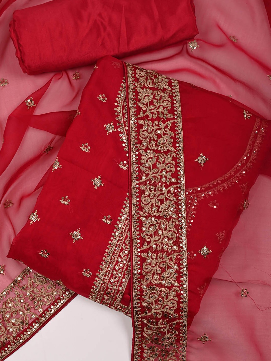 

Meena Bazaar Ethnic Motifs Embroidered Organza Unstitched Dress Material, Red