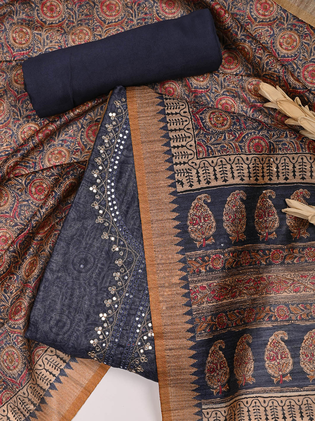 

Meena Printed Unstitched Dress Material, Navy blue