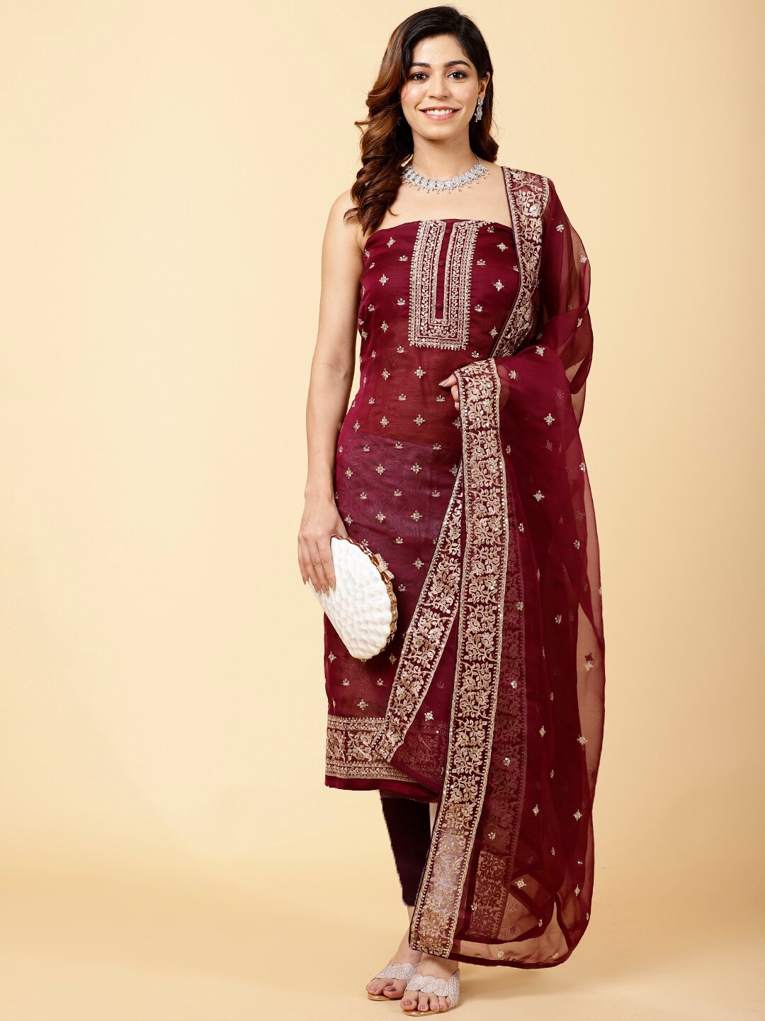 

Meena Bazaar Ethnic Motifs Embroidered Organza Unstitched Dress Material, Burgundy