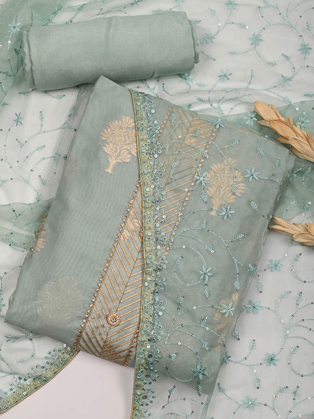 

Meena Bazaar Ethnic Motif Art Silk Unstitched Dress Material, Sea green