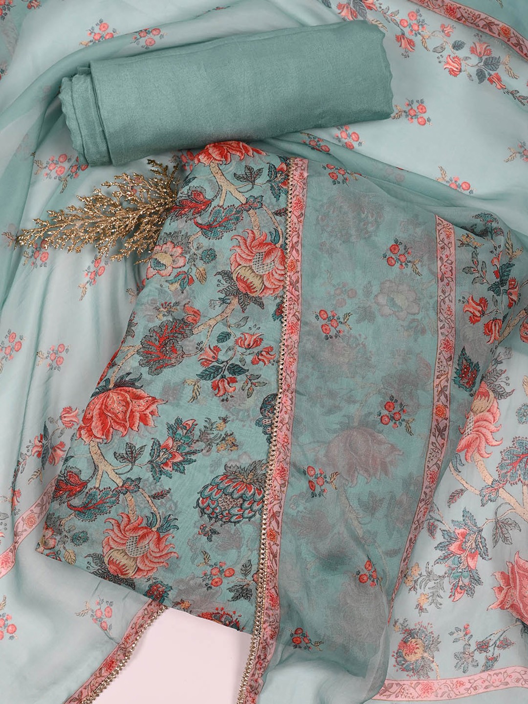 

Meena Bazaar Floral Printed Organza Unstitched Dress Material, Sea green
