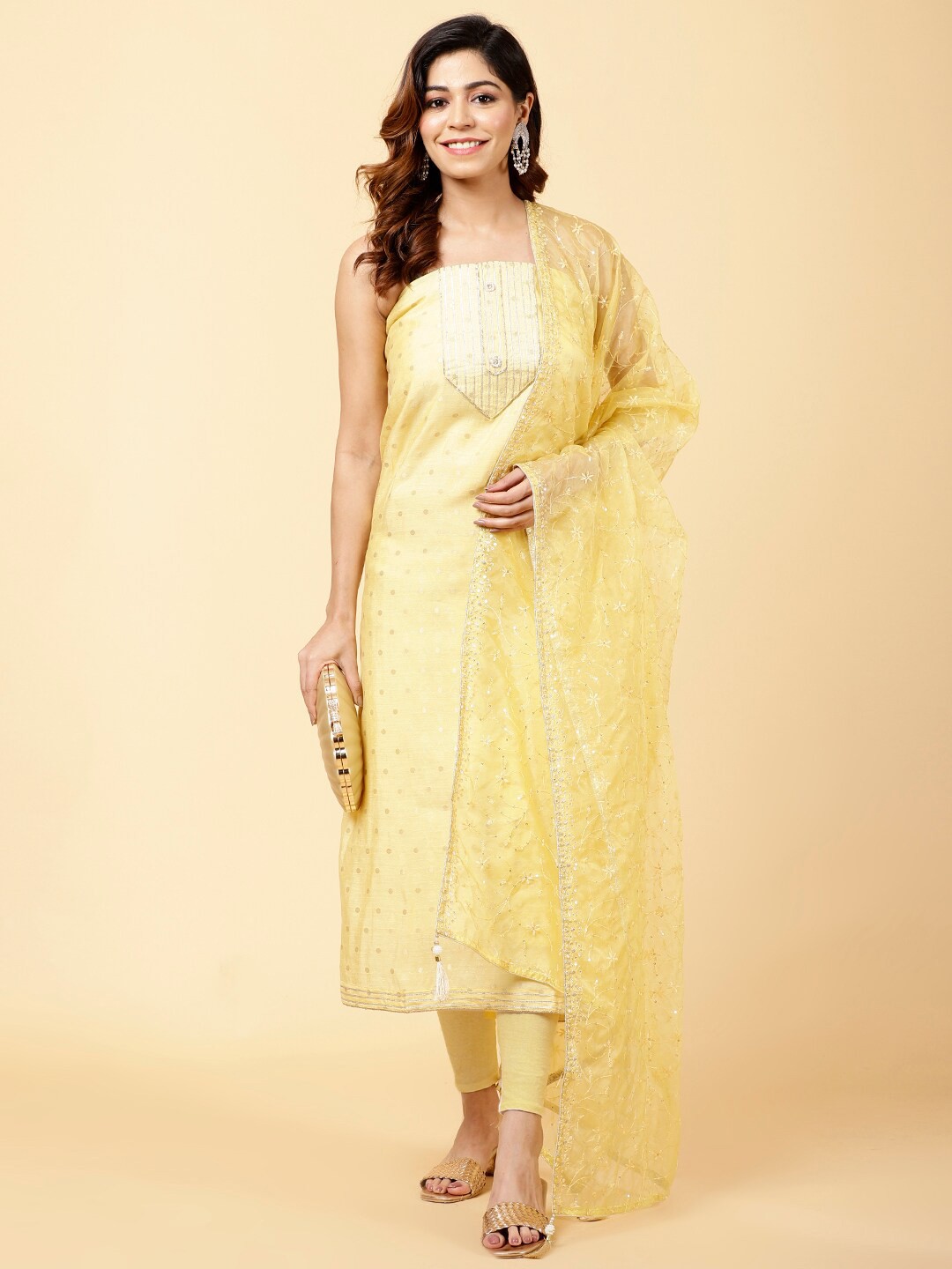 

Meena Bazaar Ethnic Motifs Woven Design Art Silk Unstitched Dress Material, Yellow
