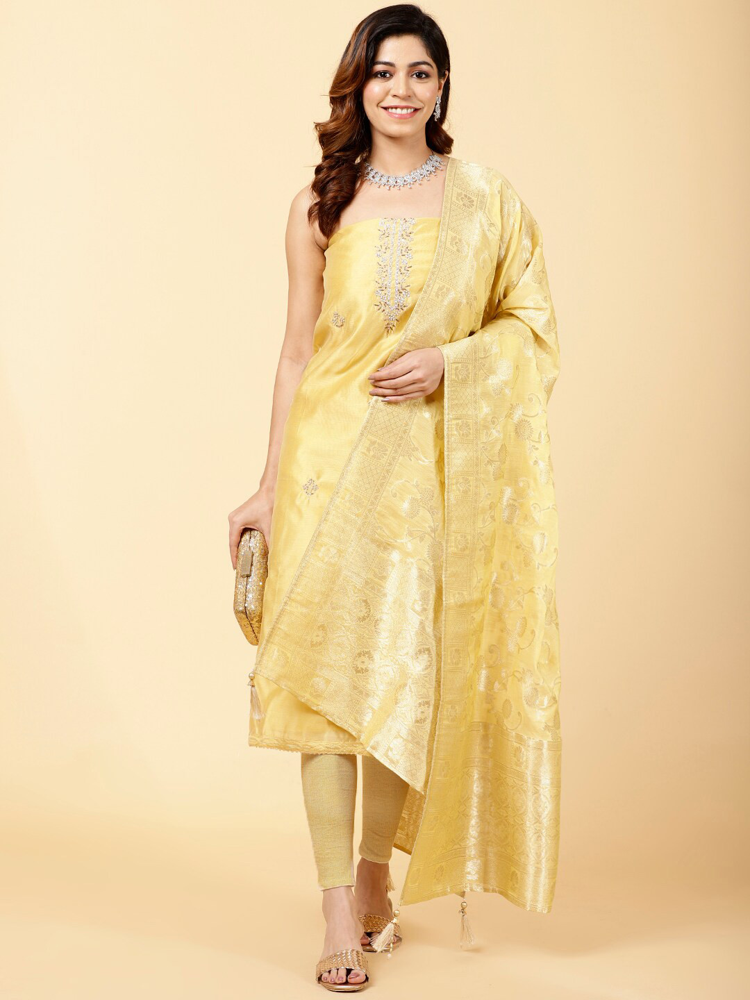 

Meena Bazaar Floral Embroidered Unstitched Dress Material, Yellow