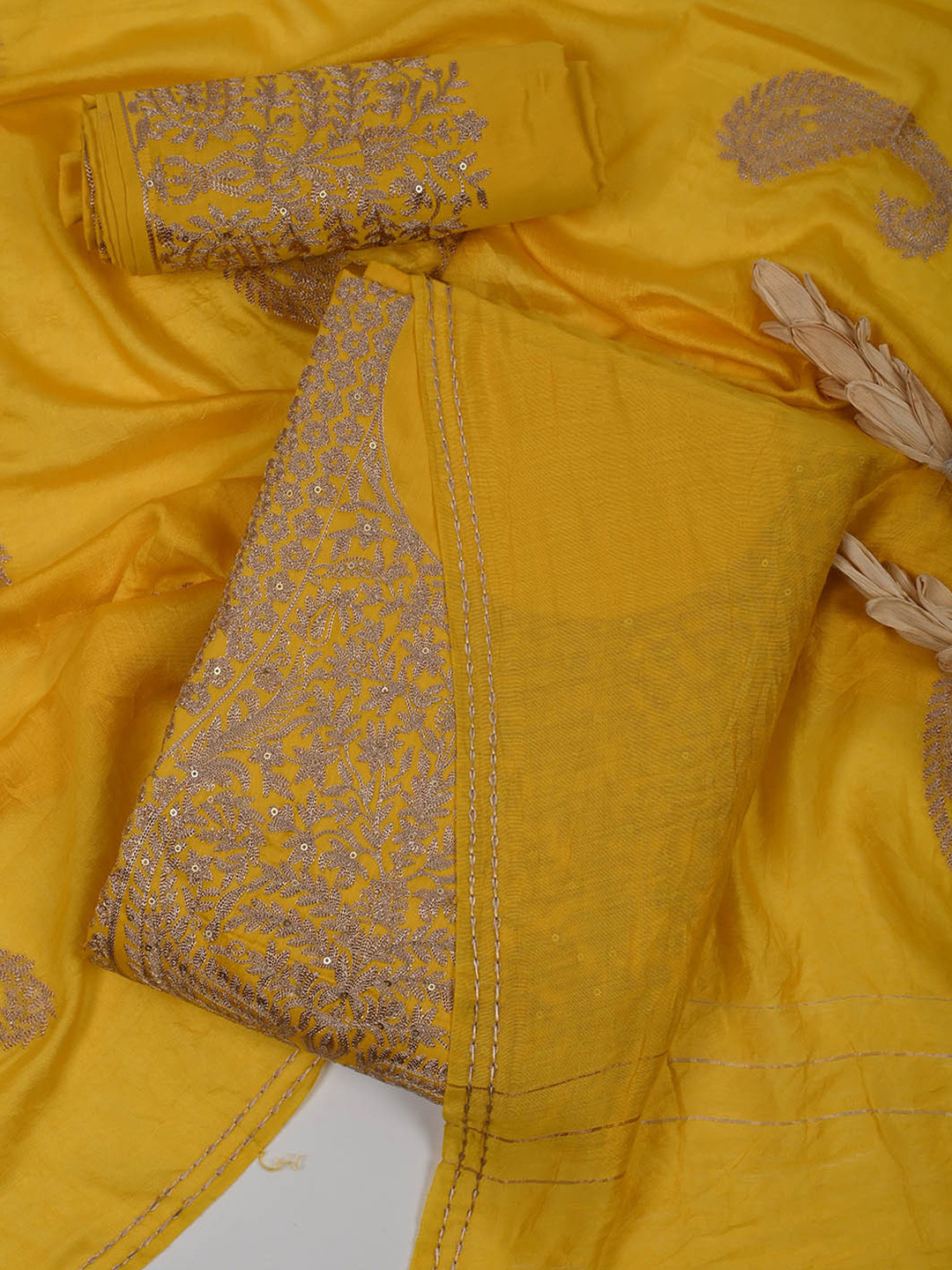 

Meena Bazaar Floral Embroidered Unstitched Dress Material, Mustard
