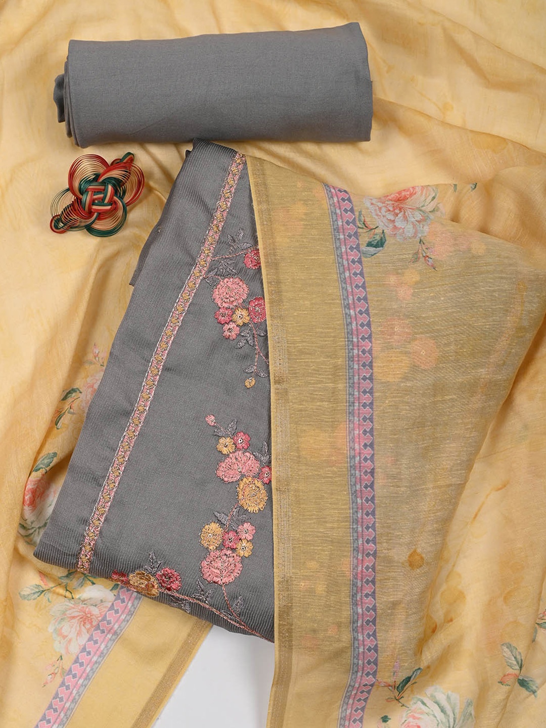 

Meena Bazaar Floral Embroidered Unstitched Dress Material, Grey
