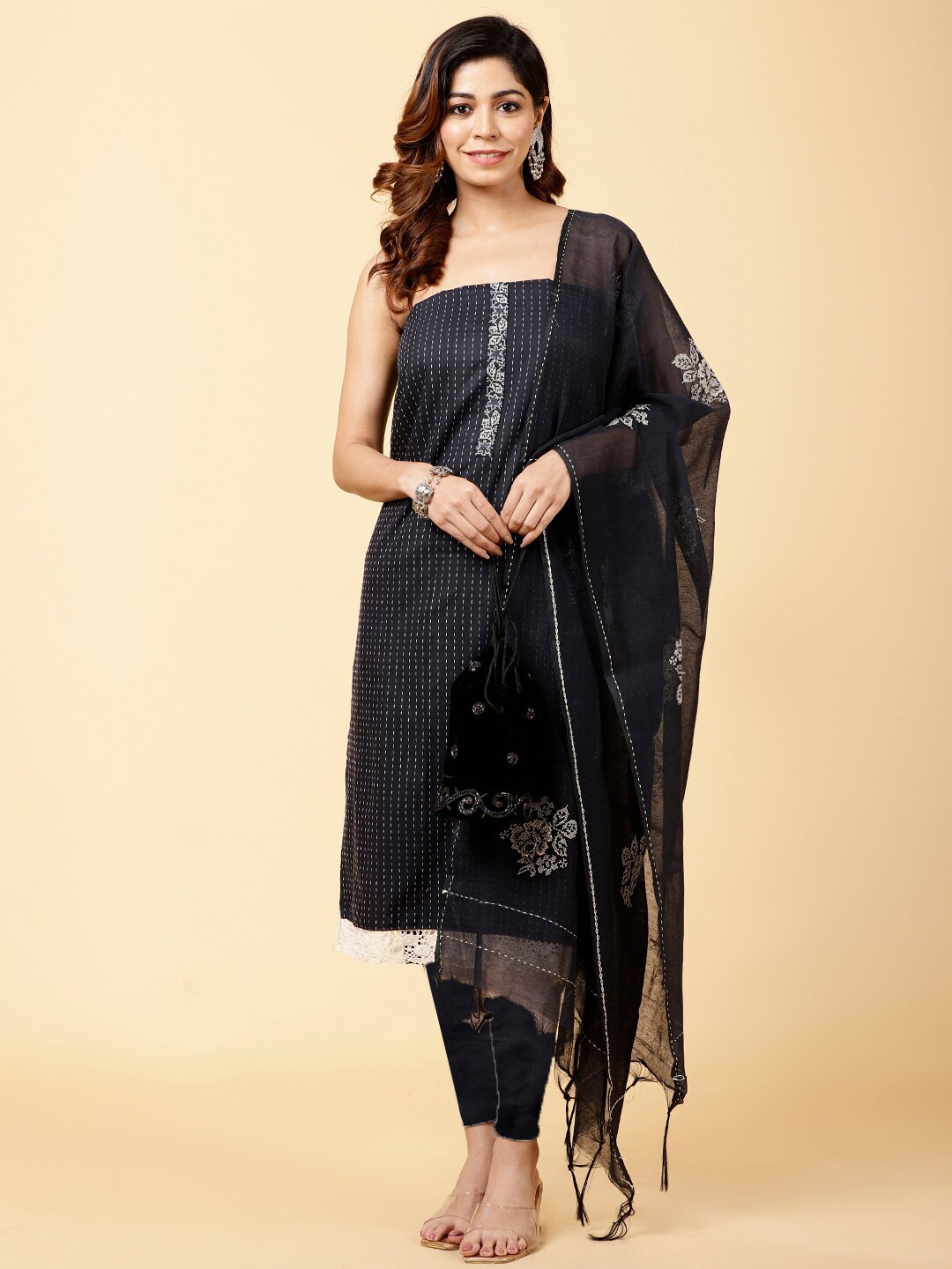 

Meena Bazaar Embroidered Zari Detailed Unstitched Dress Material, Navy blue
