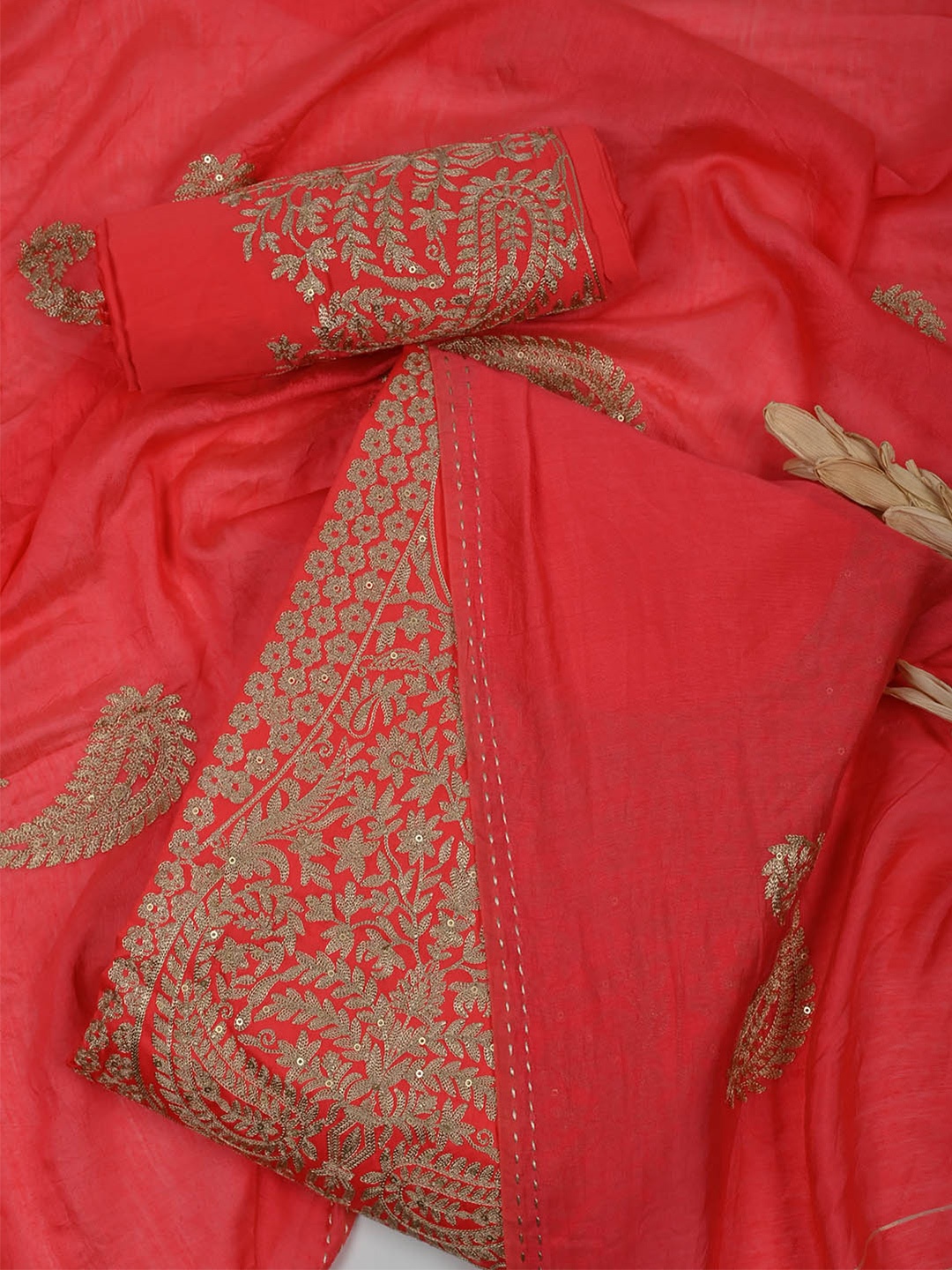 

Meena Bazaar Ethnic Motifs Embroidered Unstitched Dress Material, Red