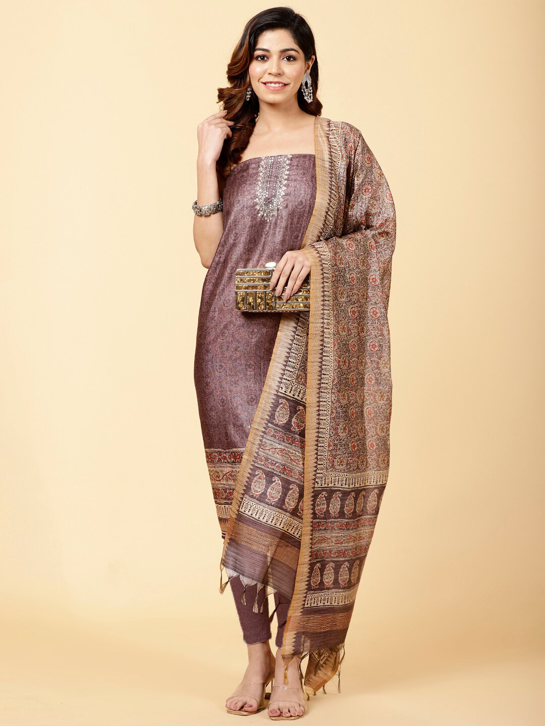 

Meena Bazaar Printed Art Silk Unstitched Dress Material, Brown