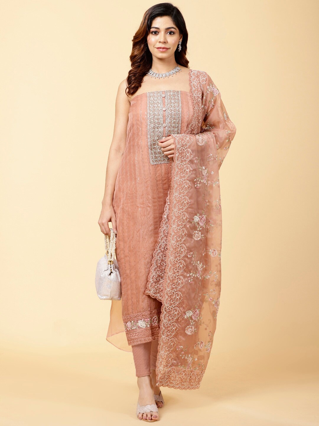 

Meena Bazaar Embellished Organza Unstitched Dress Material, Peach