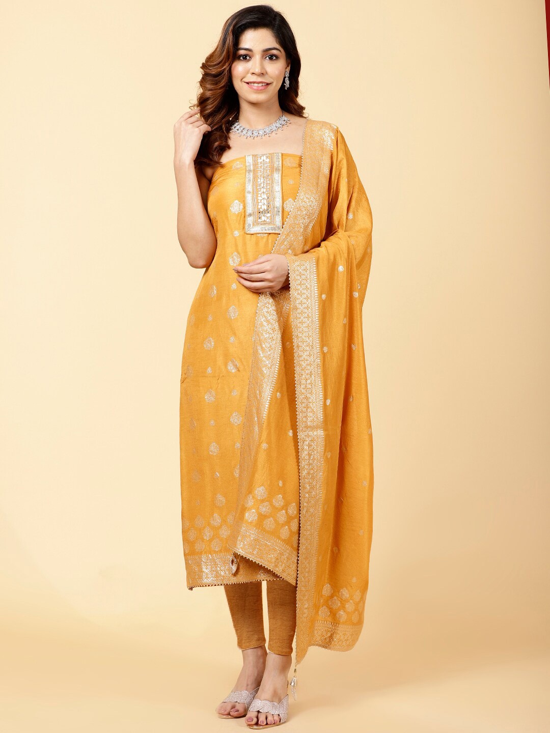 

Meena Bazaar Ethnic Motifs Woven Design Gotta Patti Unstitched Dress Material, Orange