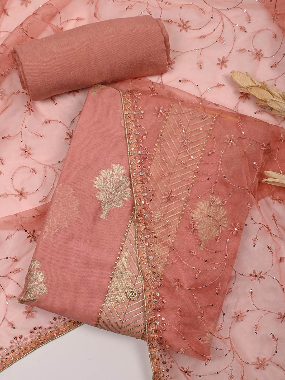 

Meena Bazaar Floral Woven Design Gotta Patti Unstitched Dress Material, Peach
