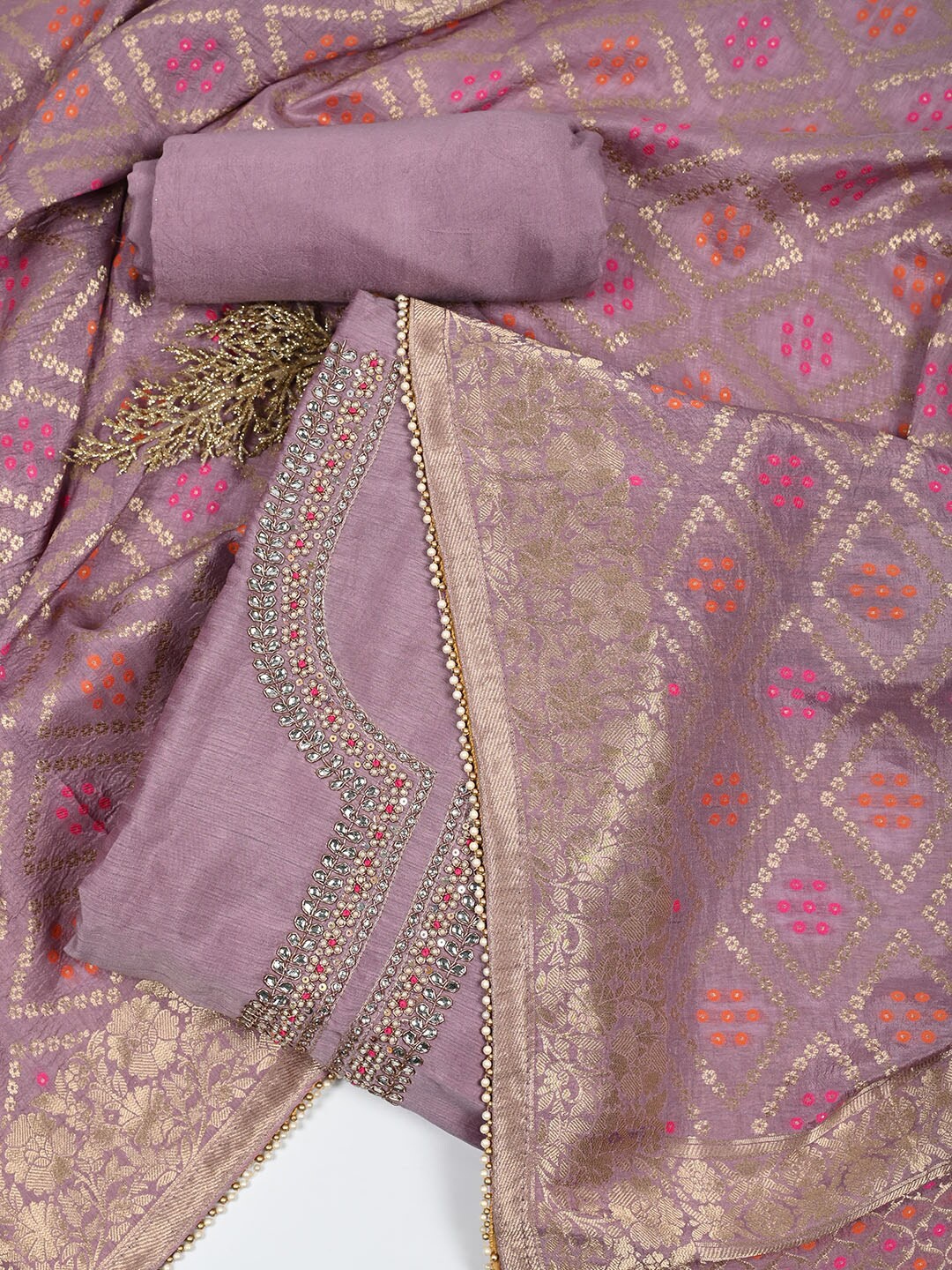 

Meena Bazaar Floral Woven Design Beads & Stones Unstitched Dress Material, Pink