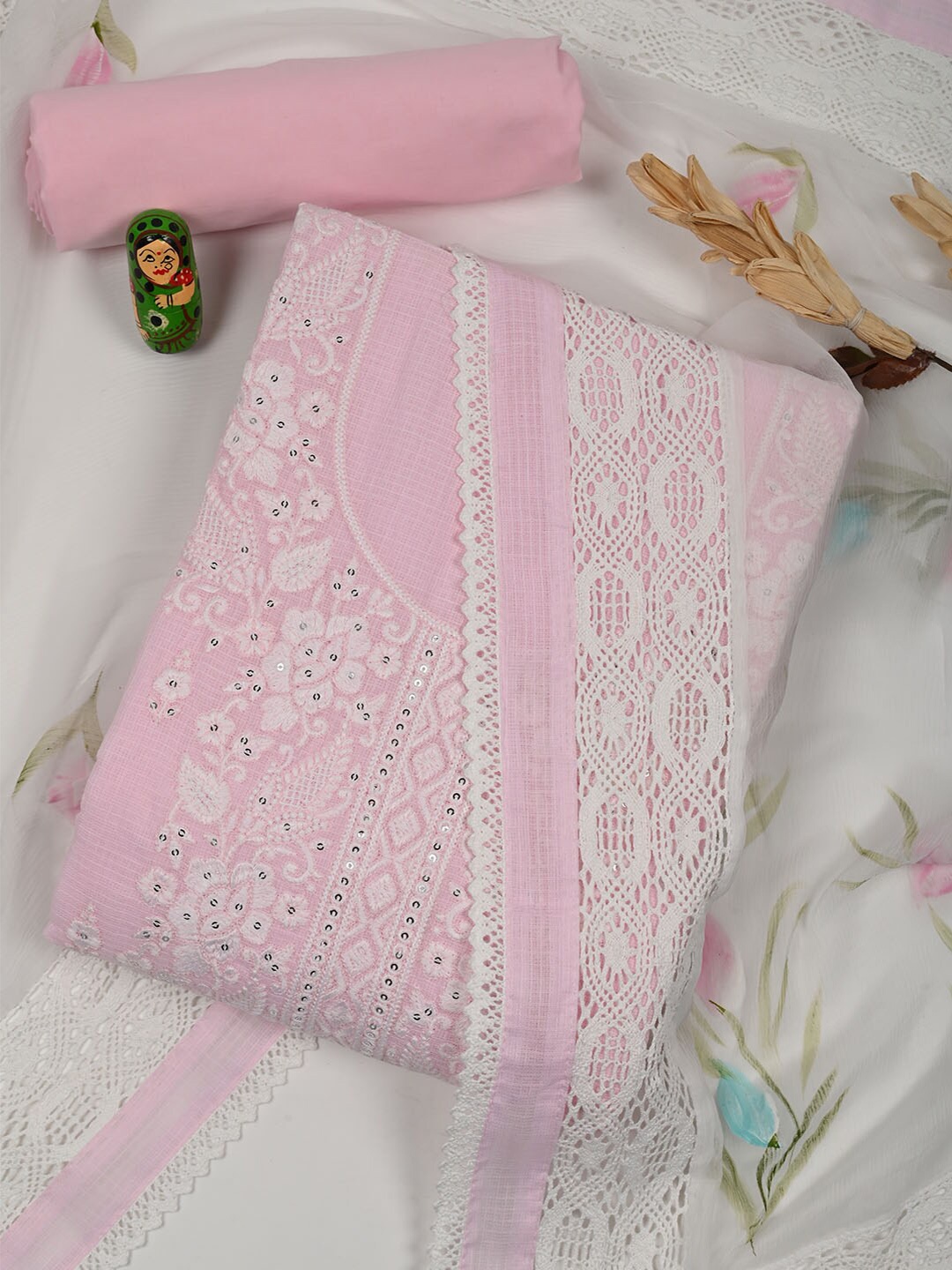 

Meena Bazaar Floral Embroidered Unstitched Dress Material, Pink