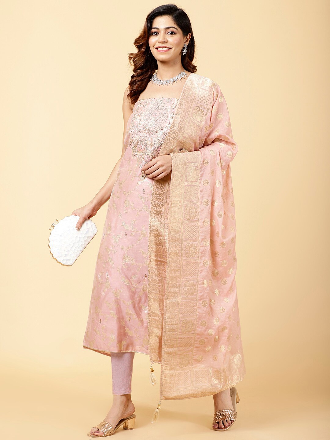 

Meena Bazaar Floral Woven Design Unstitched Dress Material, Pink