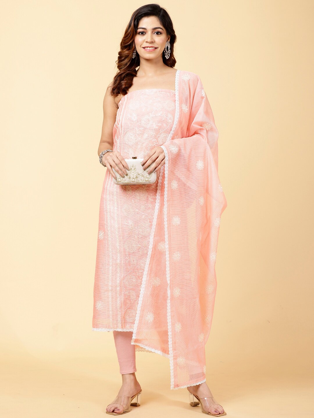 

Meena Bazaar Floral Embroidered Unstitched Dress Material, Peach