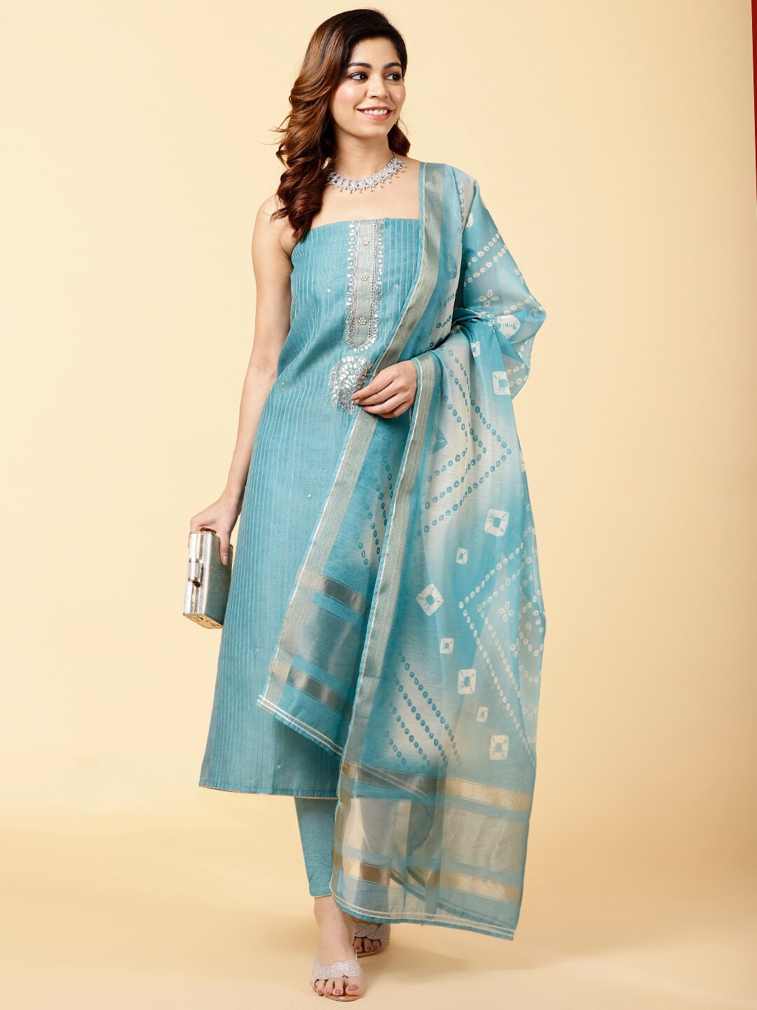 

Meena Bazaar Ethnic Motifs Embroidered Gotta Patti Unstitched Dress Material, Sea green