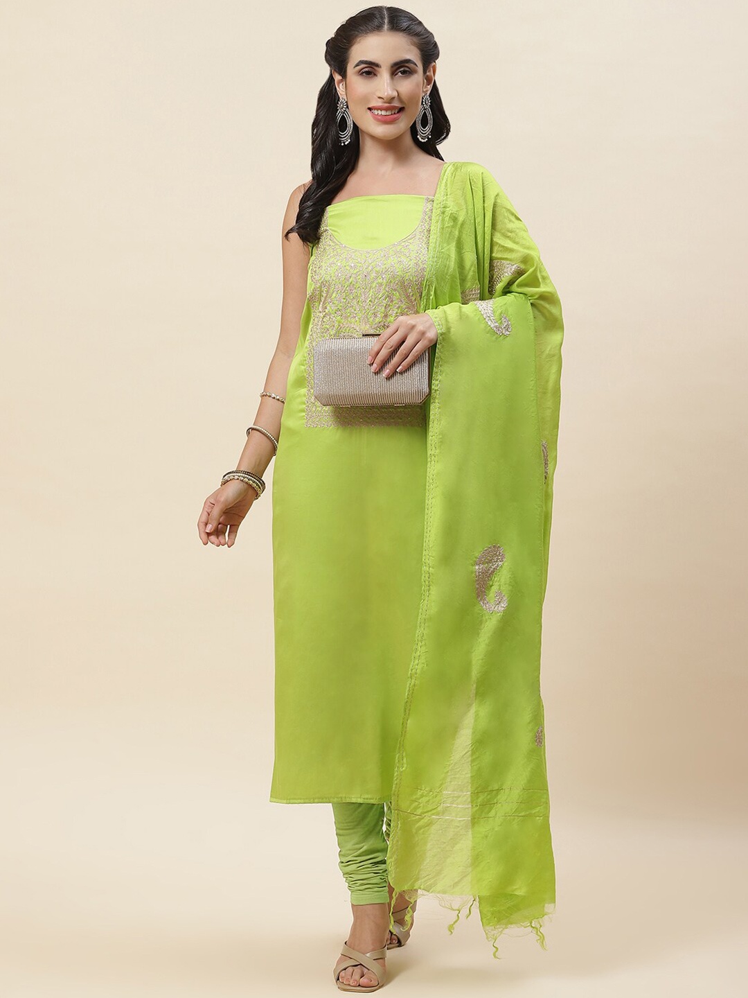 

Meena Bazaar Floral Embroidered Unstitched Dress Material, Green