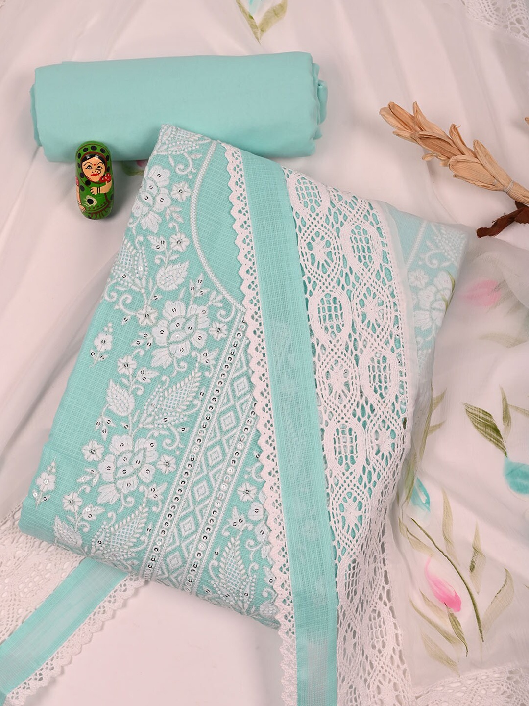 

Meena Bazaar Floral Embroidered Sequinned Unstitched Dress Material, Sea green