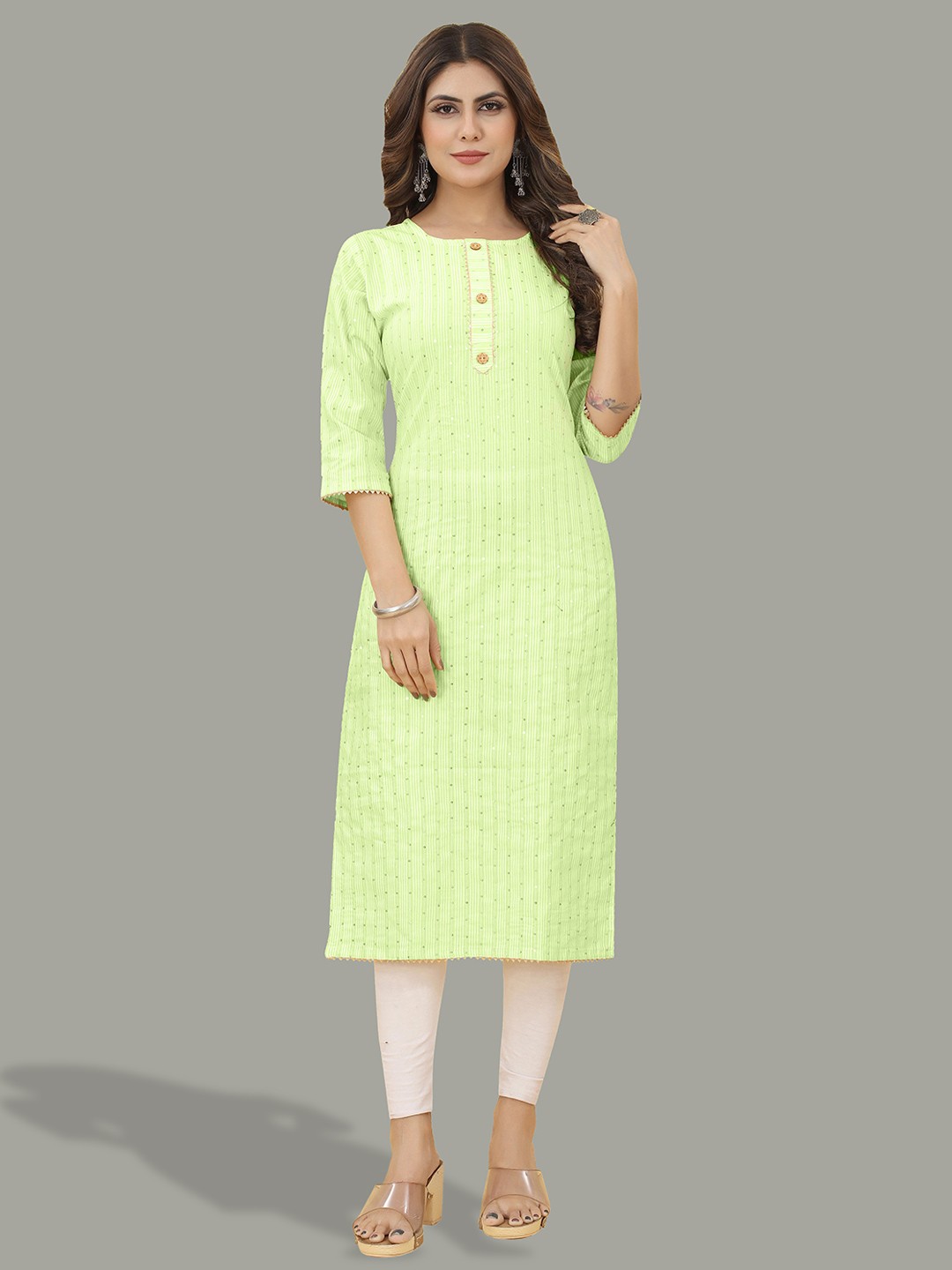 

Kiwie Striped Round Neck Sequinned Straight Kurta, Green