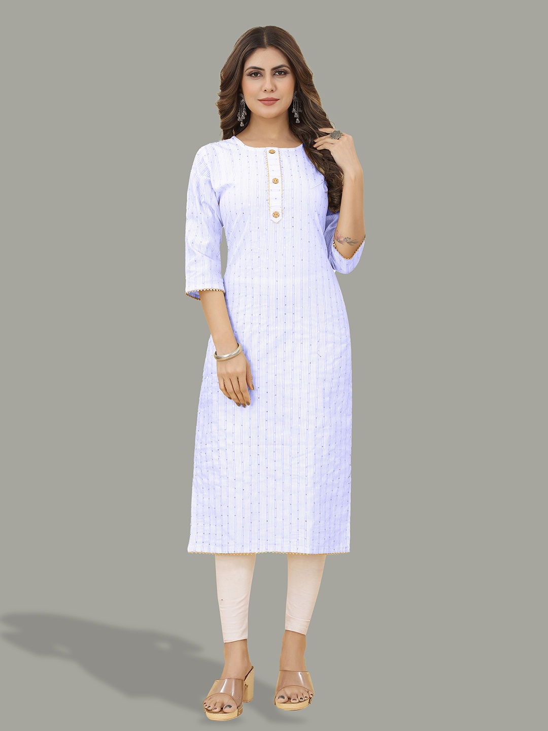 

Kiwie Striped Round Neck Sequinned Straight Kurta, Blue