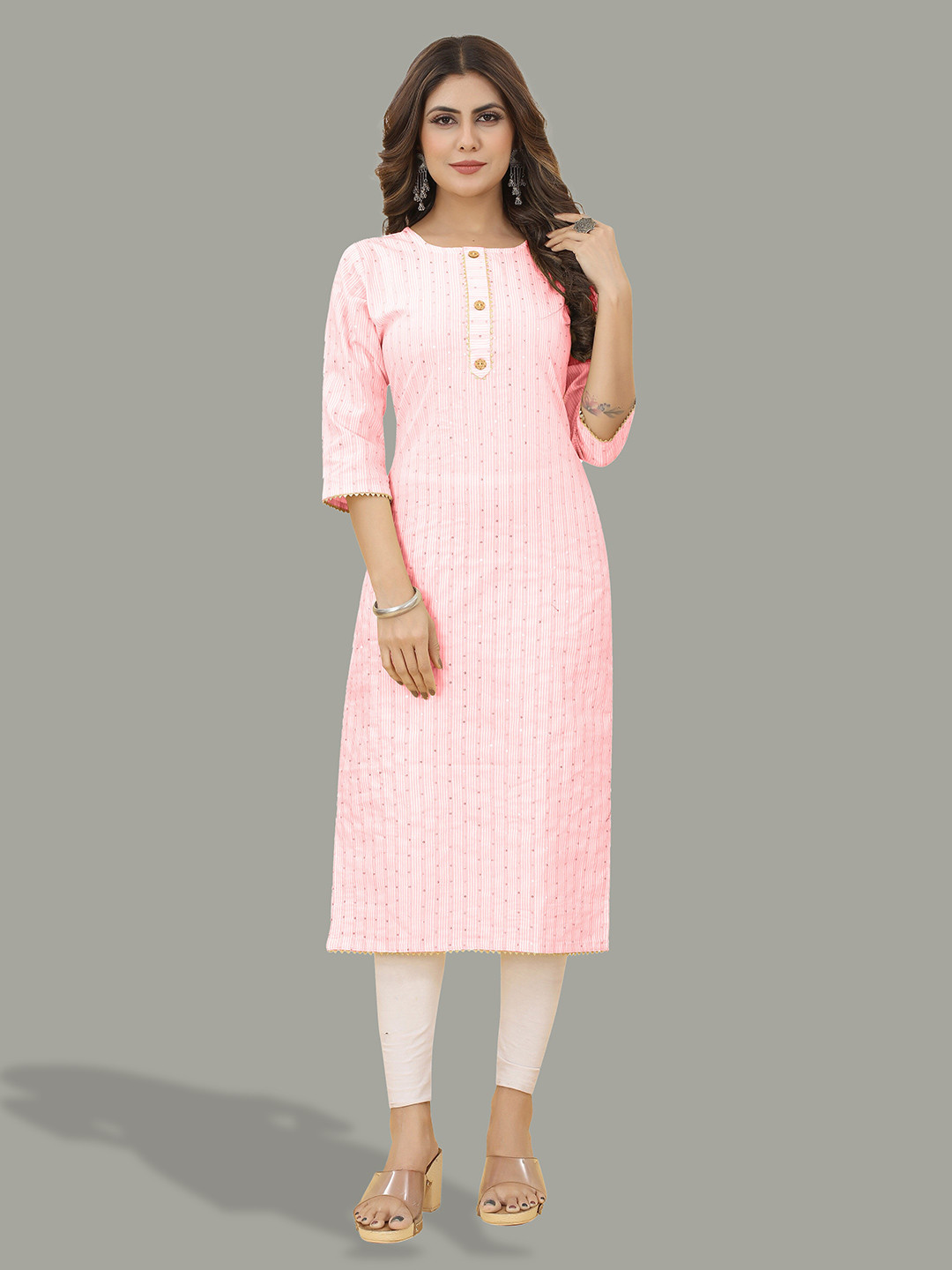 

Kiwie Striped Round Neck Sequinned Straight Kurta, Pink