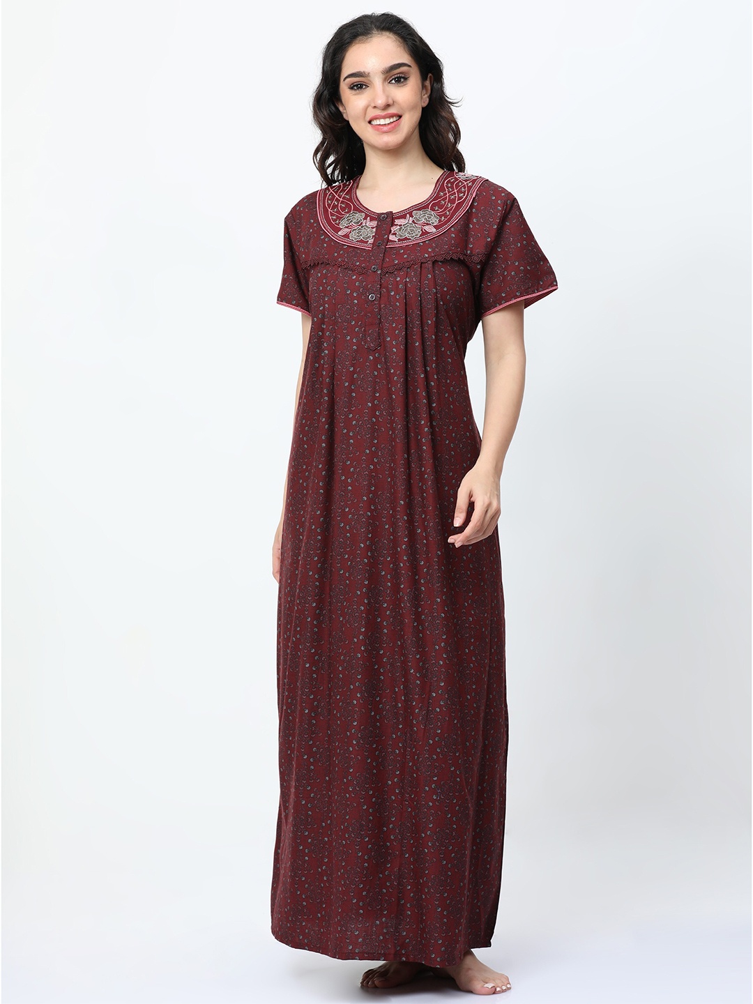 

9shines Label Floral Printed Maxi Nightdress, Maroon