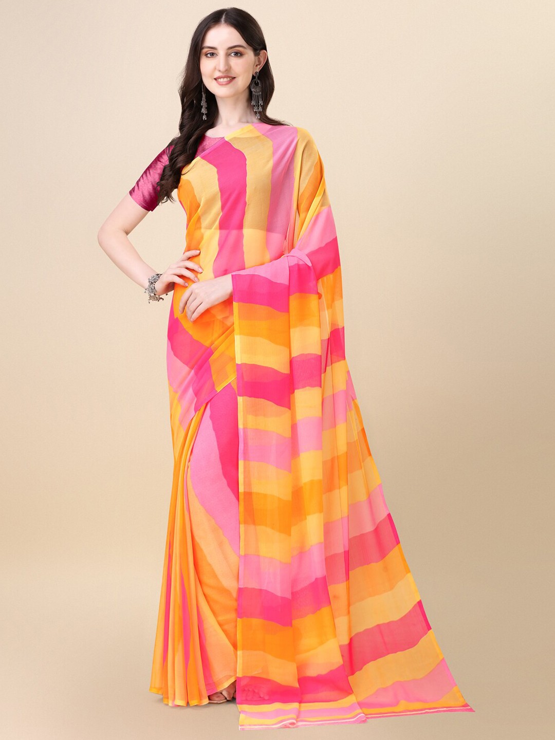 

Sangria Pink & Yellow Striped Pure Georgette Saree