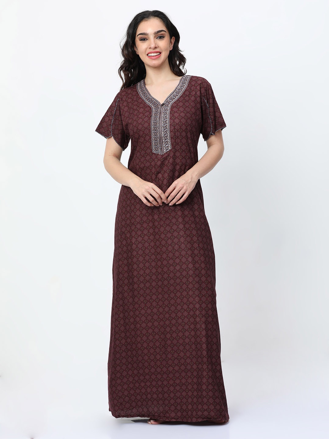 

9shines Label Floral Printed Maxi Nightdress, Maroon
