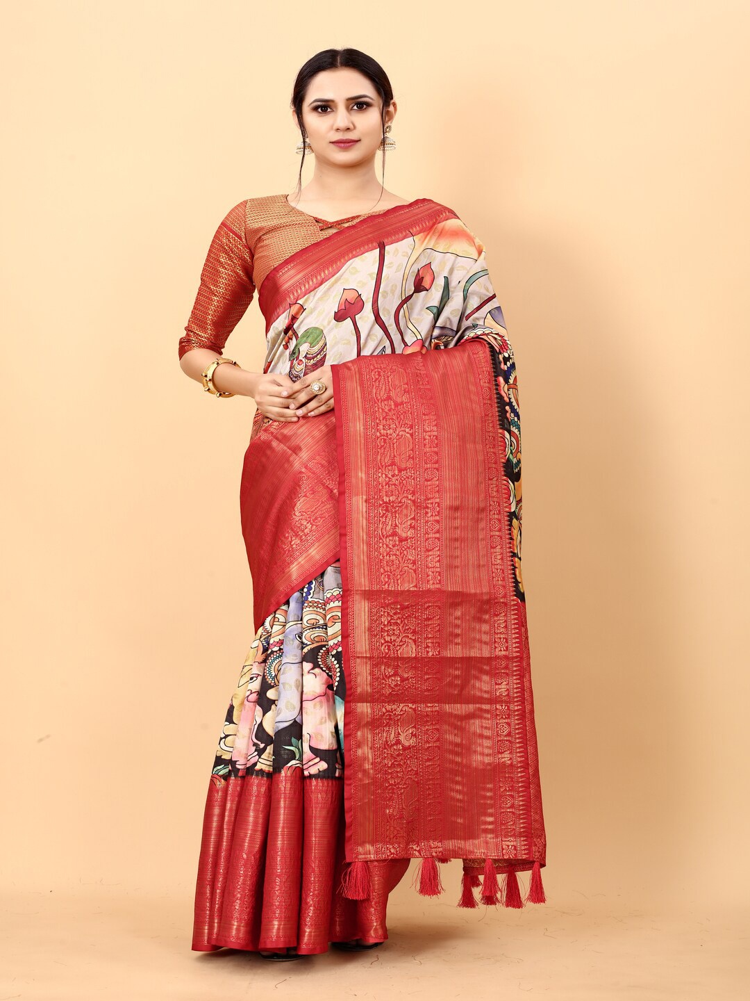 

MOKSHA DESIGNS Kalamkari Zari Pure Silk Banarasi Saree, White
