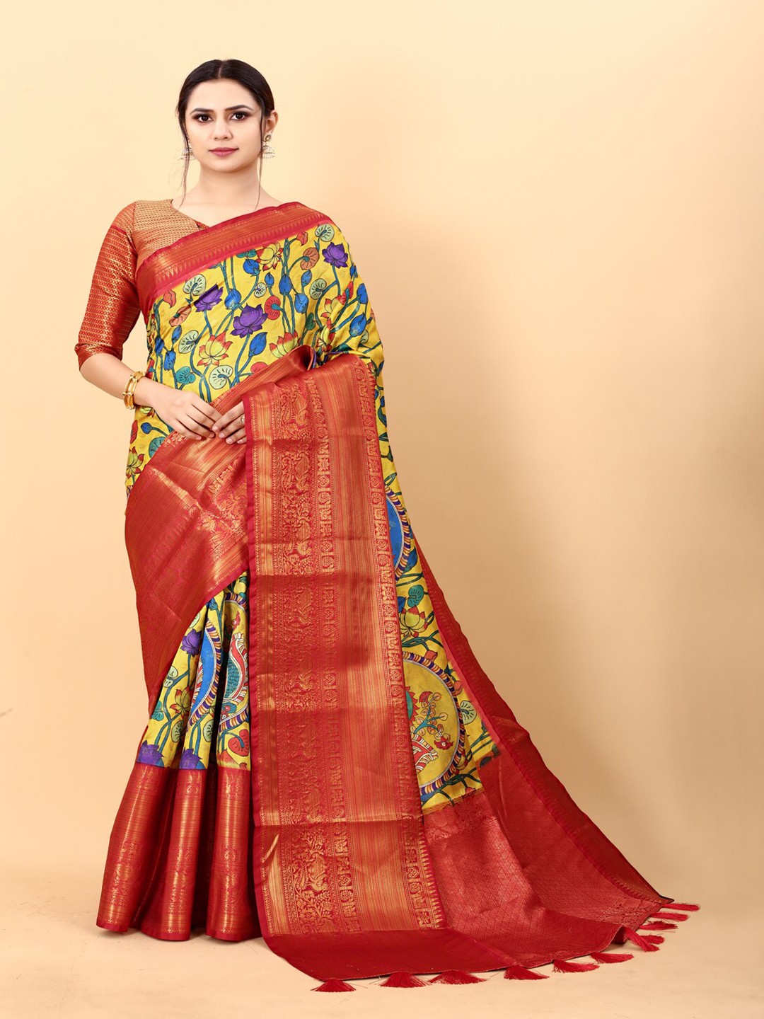 

MOKSHA DESIGNS Kalamkari Zari Pure Silk Banarasi Saree, Yellow