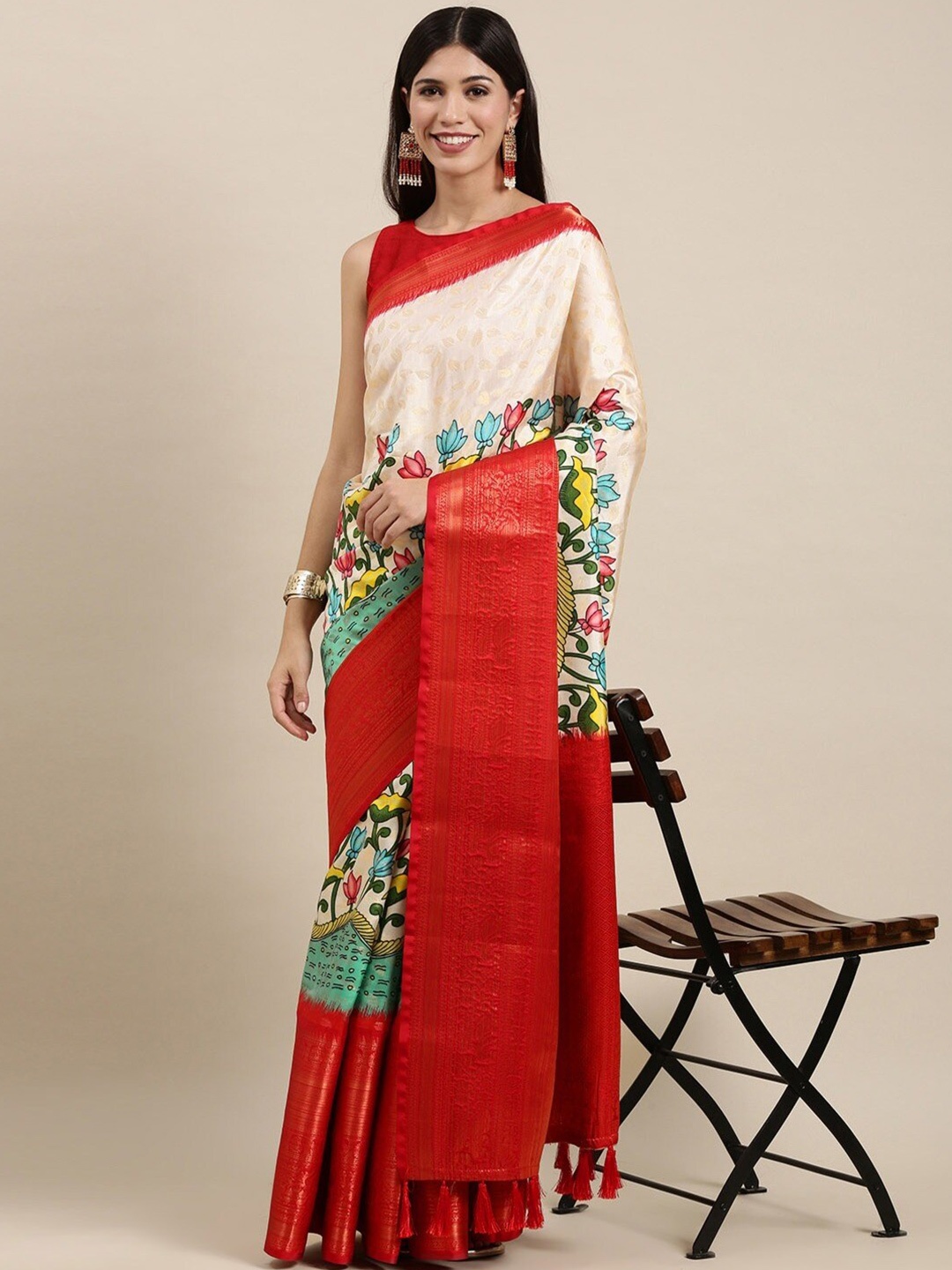 

MOKSHA DESIGNS Woven Design Zari Detailed Pure Silk Banarasi Saree, Red