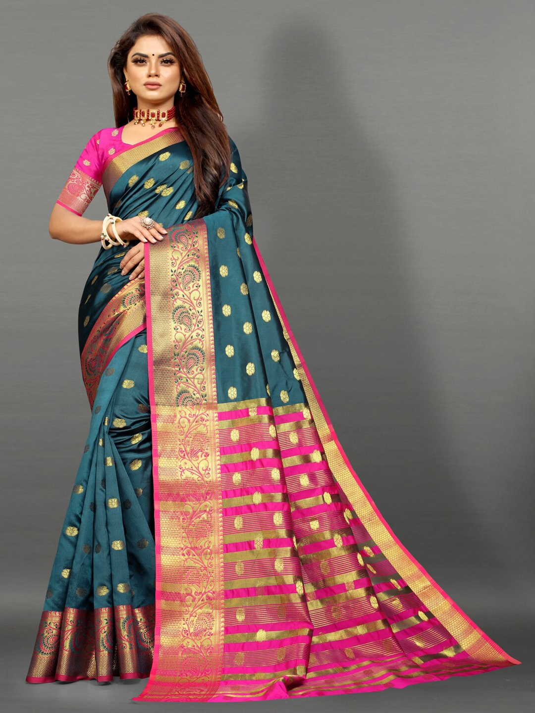 

MOKSHA DESIGNS Woven Design Zari Pure Silk Kanjeevaram Saree, Teal