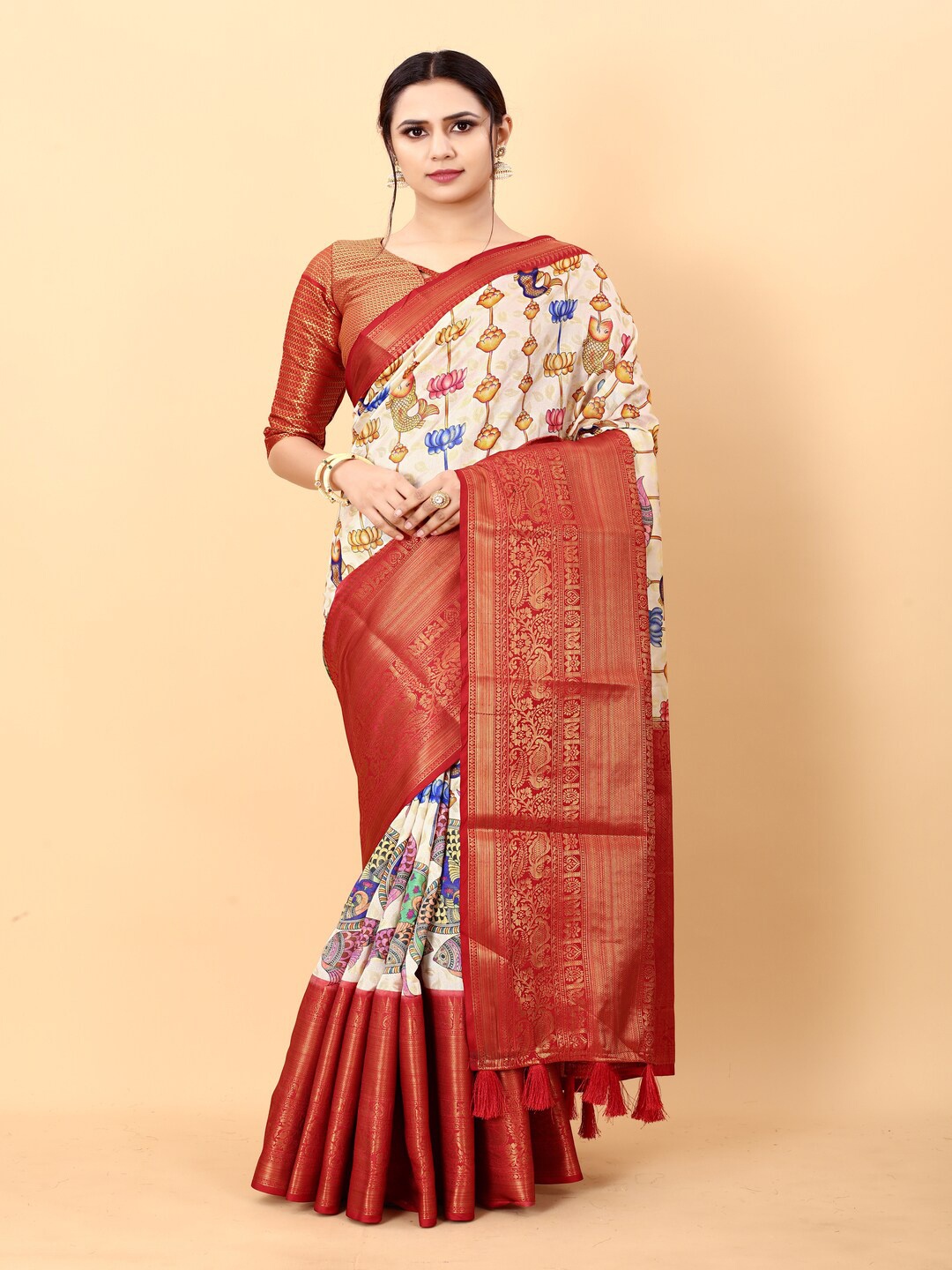 

MOKSHA DESIGNS Kalamkari Printed Zari Pure Silk Banarasi Saree, Cream