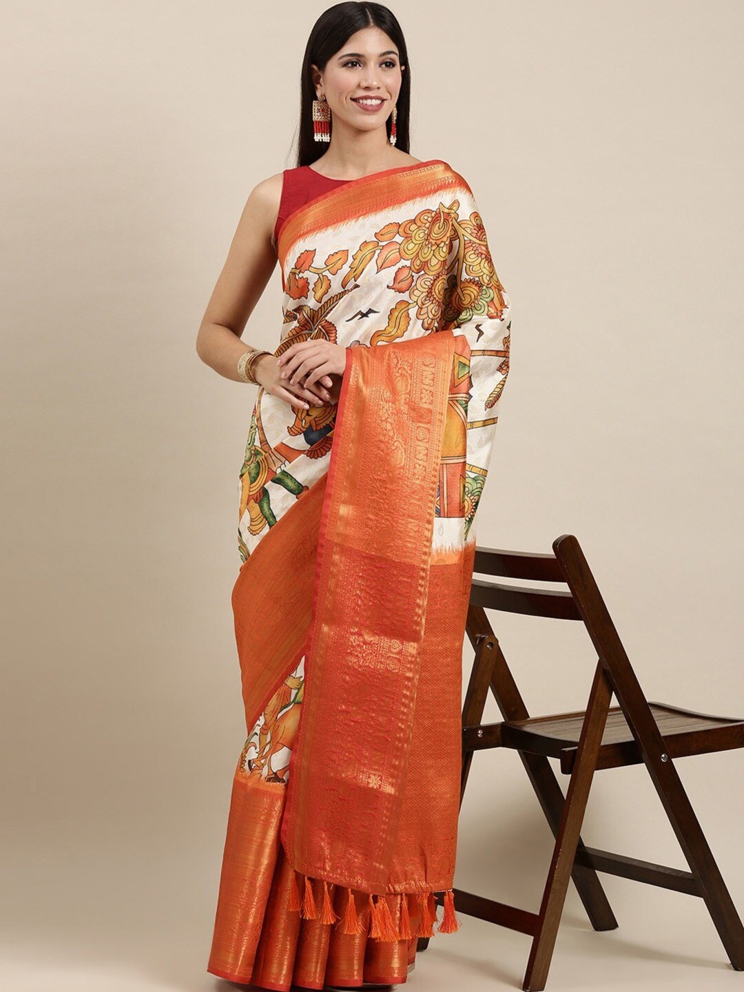 

MOKSHA DESIGNS Kalamkari Printed Pure Silk Banarasi Saree, Orange